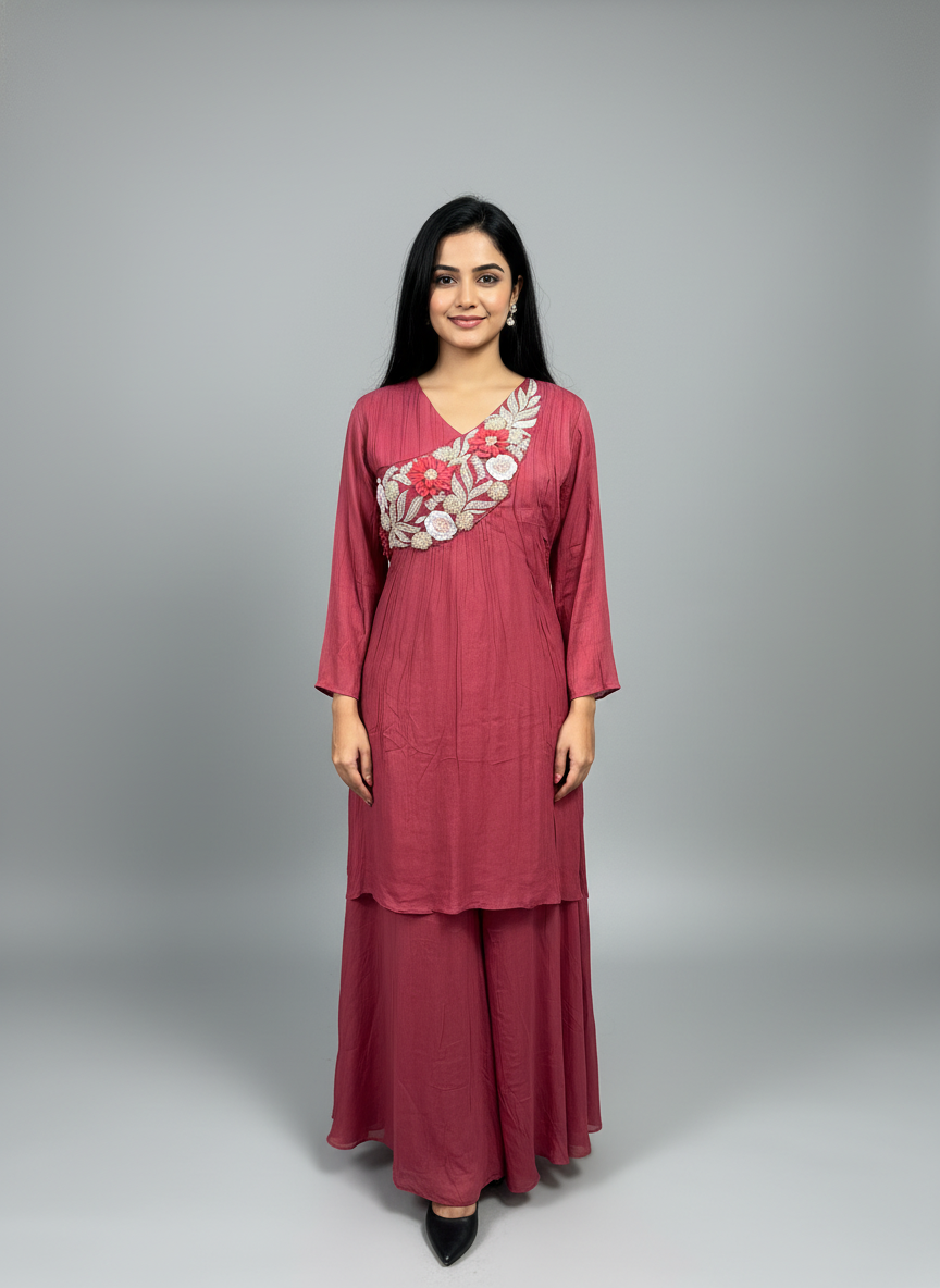 Pure Georgette Kurta with Floral Embroidery and Sharara Set