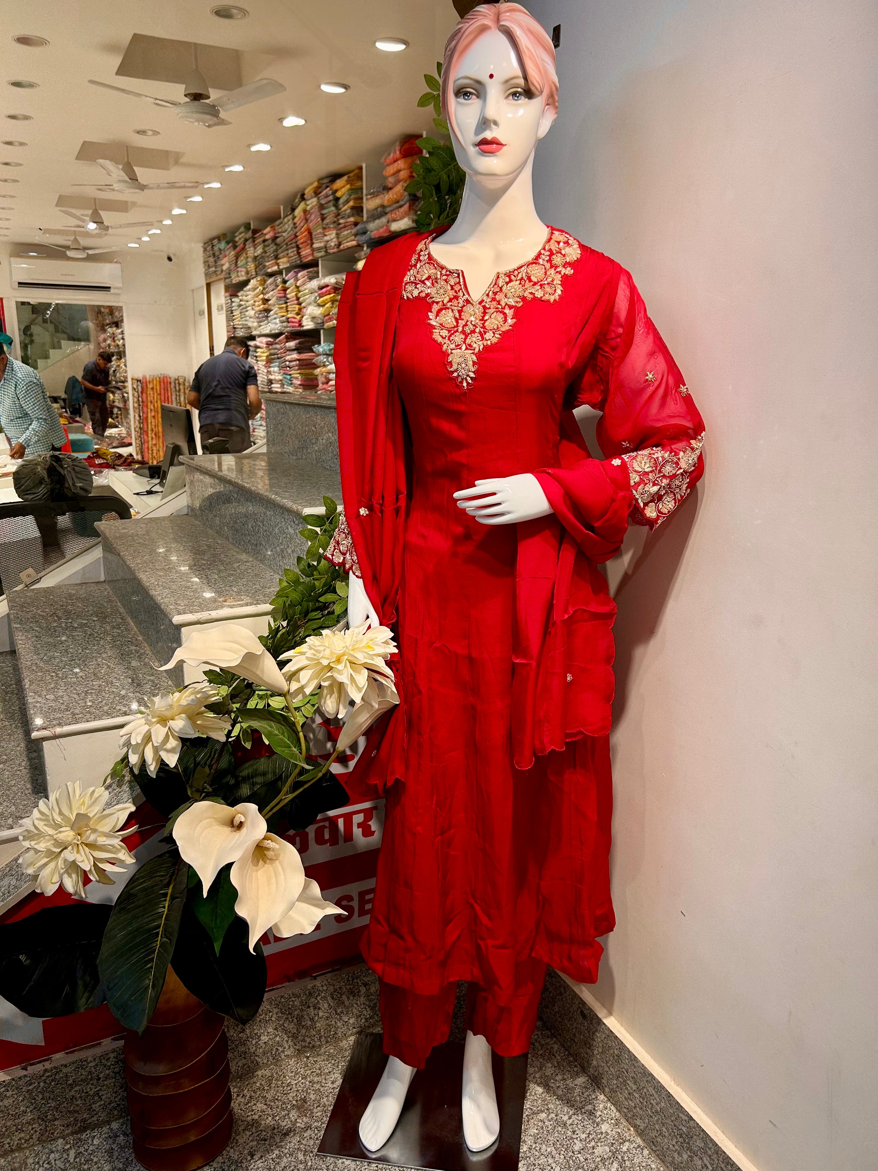 Maroon Pure Suit With Zardosi Work