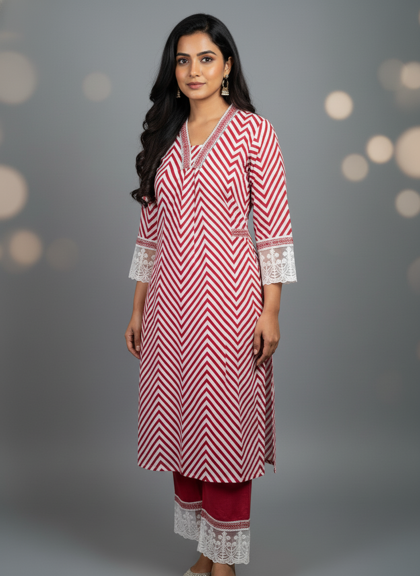 Chevron & Lace Pure Cotton Kurta Set