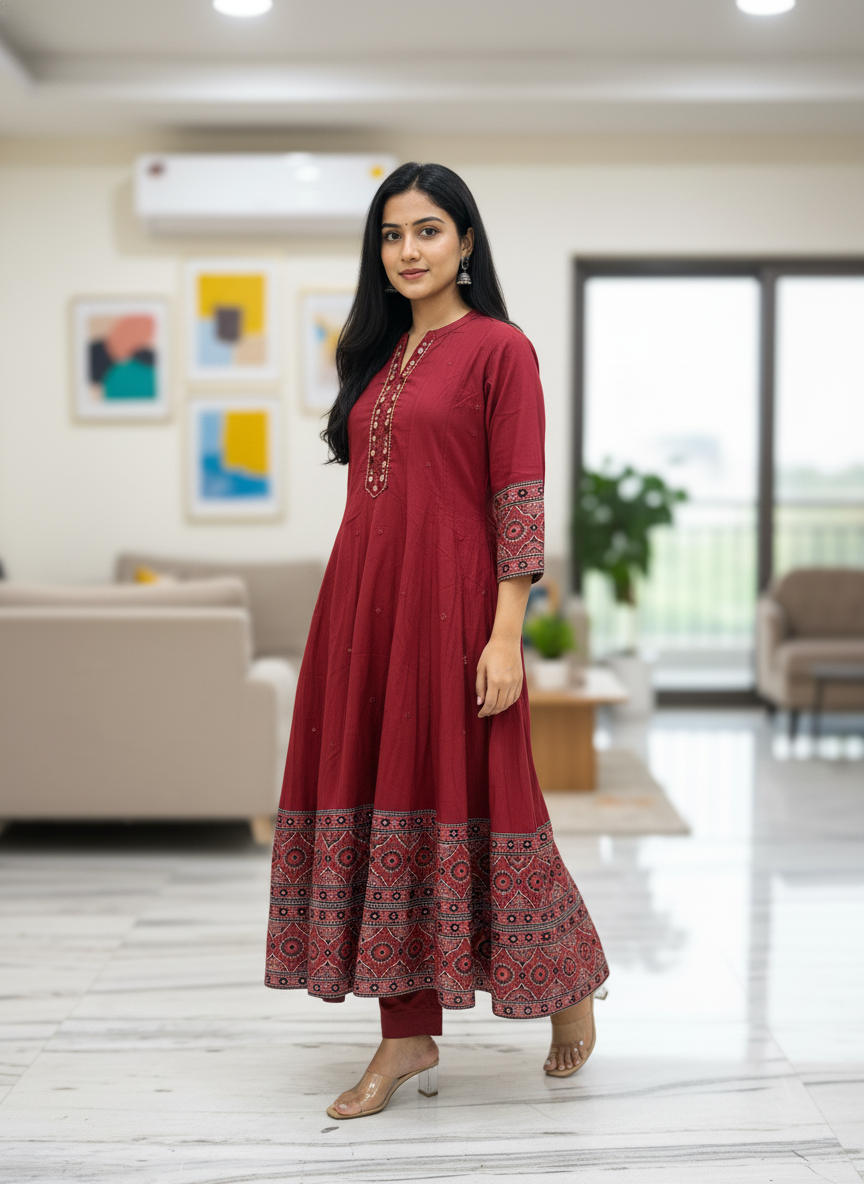 Brick Red Ajrakh Print Anarkali Cotton 3-Piece Suit Set