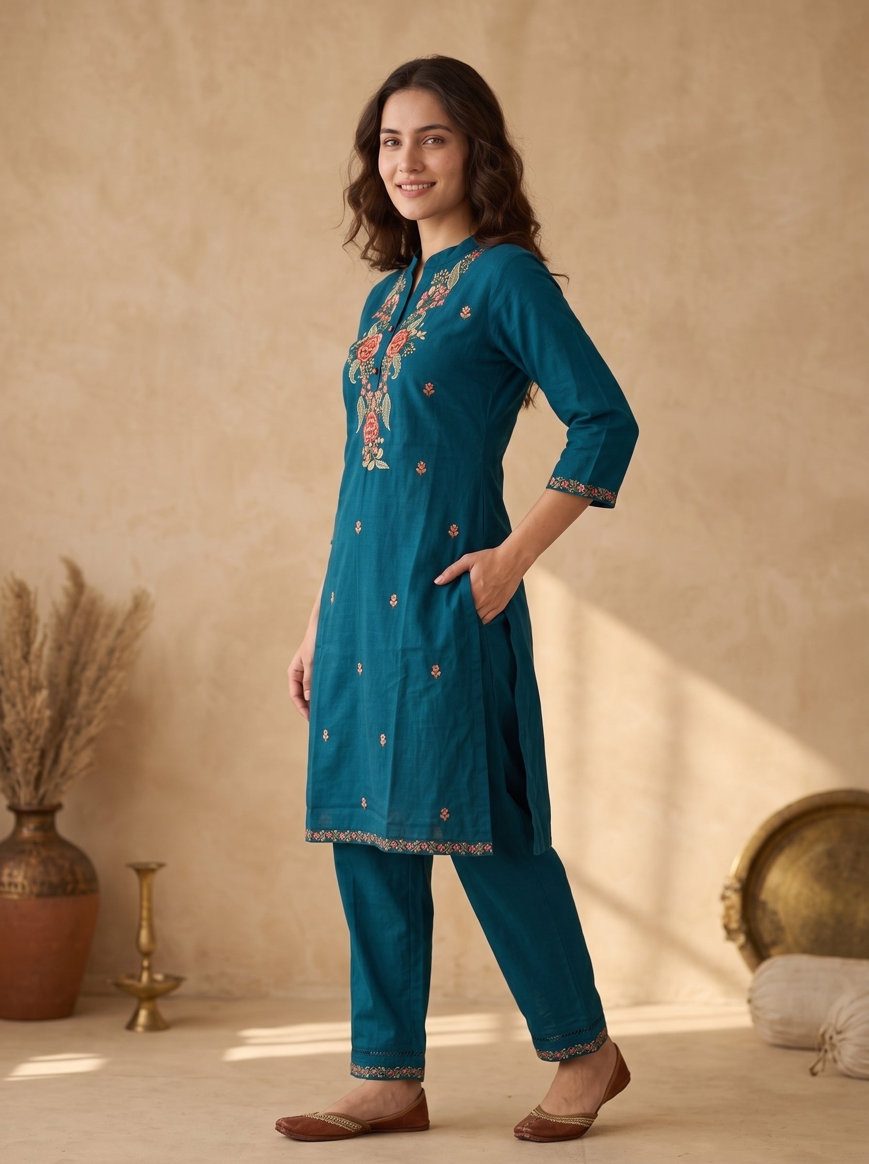 Teal Blue Floral Embroidered Linen Cotton Kurta Pant Set