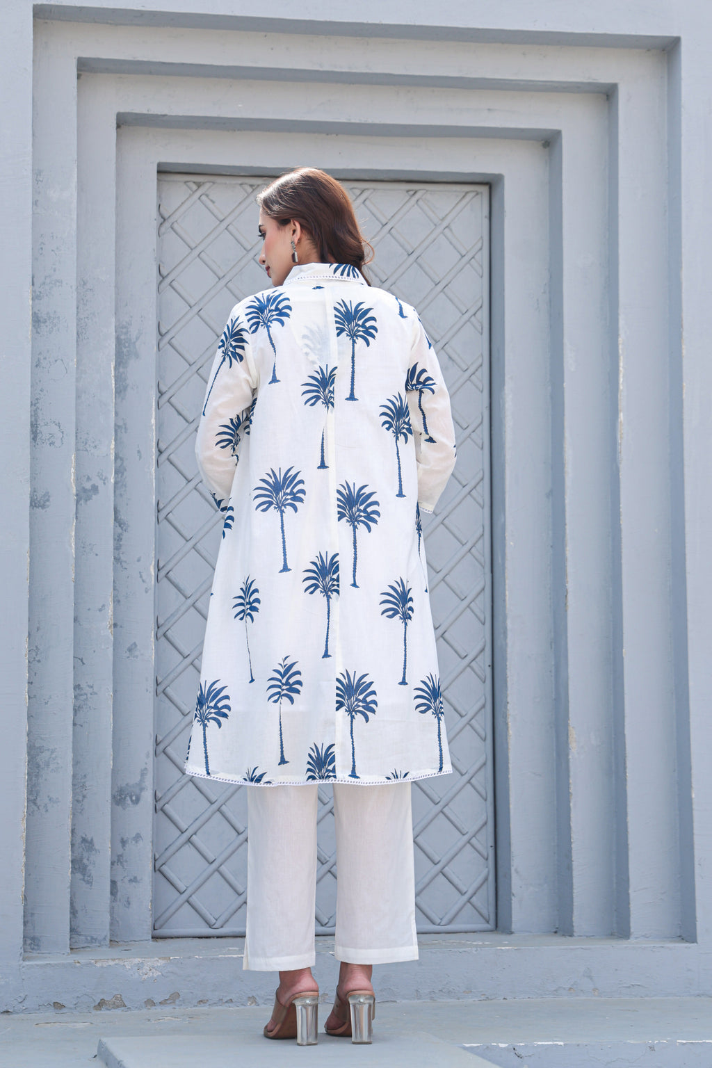 Palm Whisper – Modern White & Indigo Premium Cotton Co-ord Set