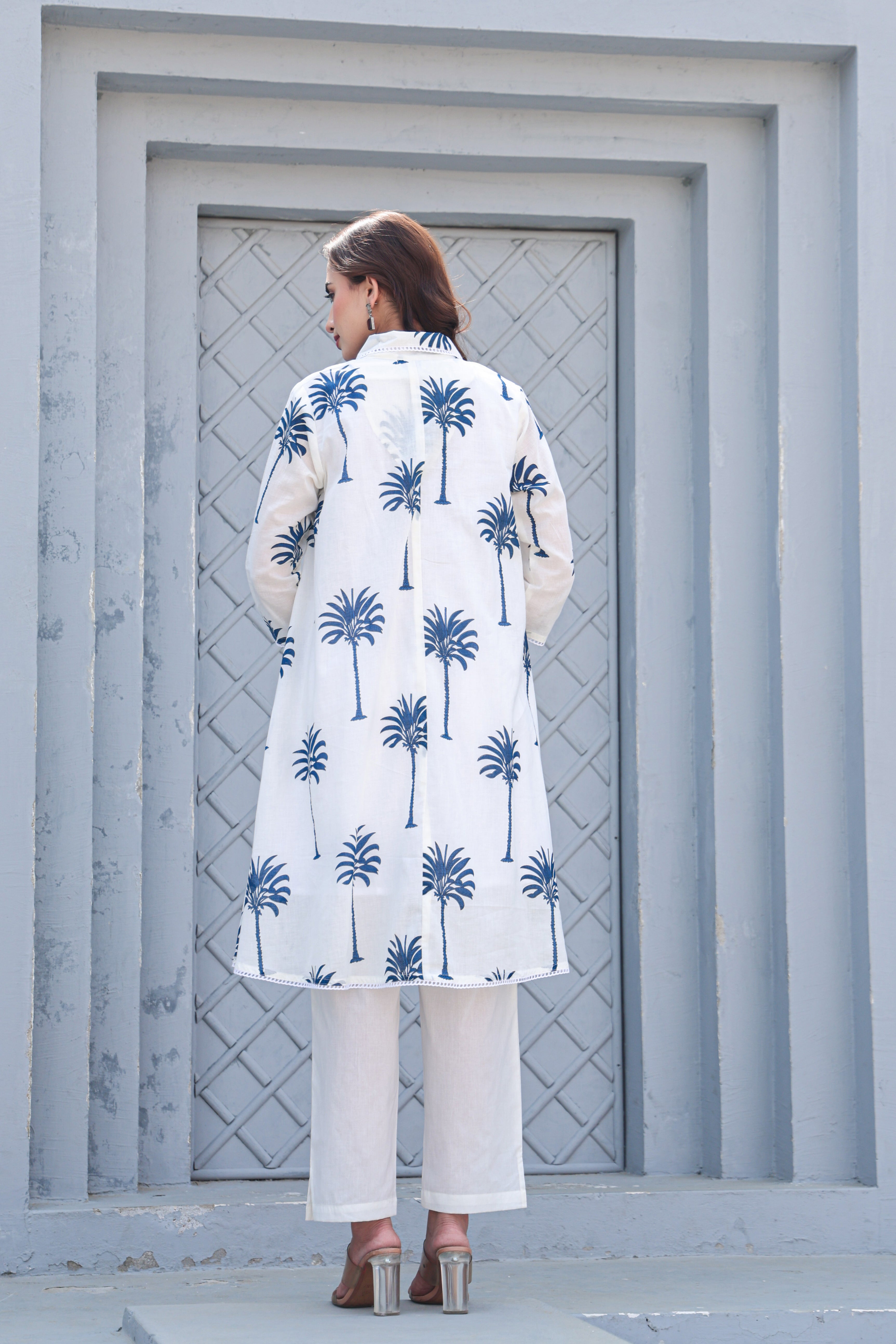 Palm Whisper – Modern White & Indigo Premium Cotton Co-ord Set