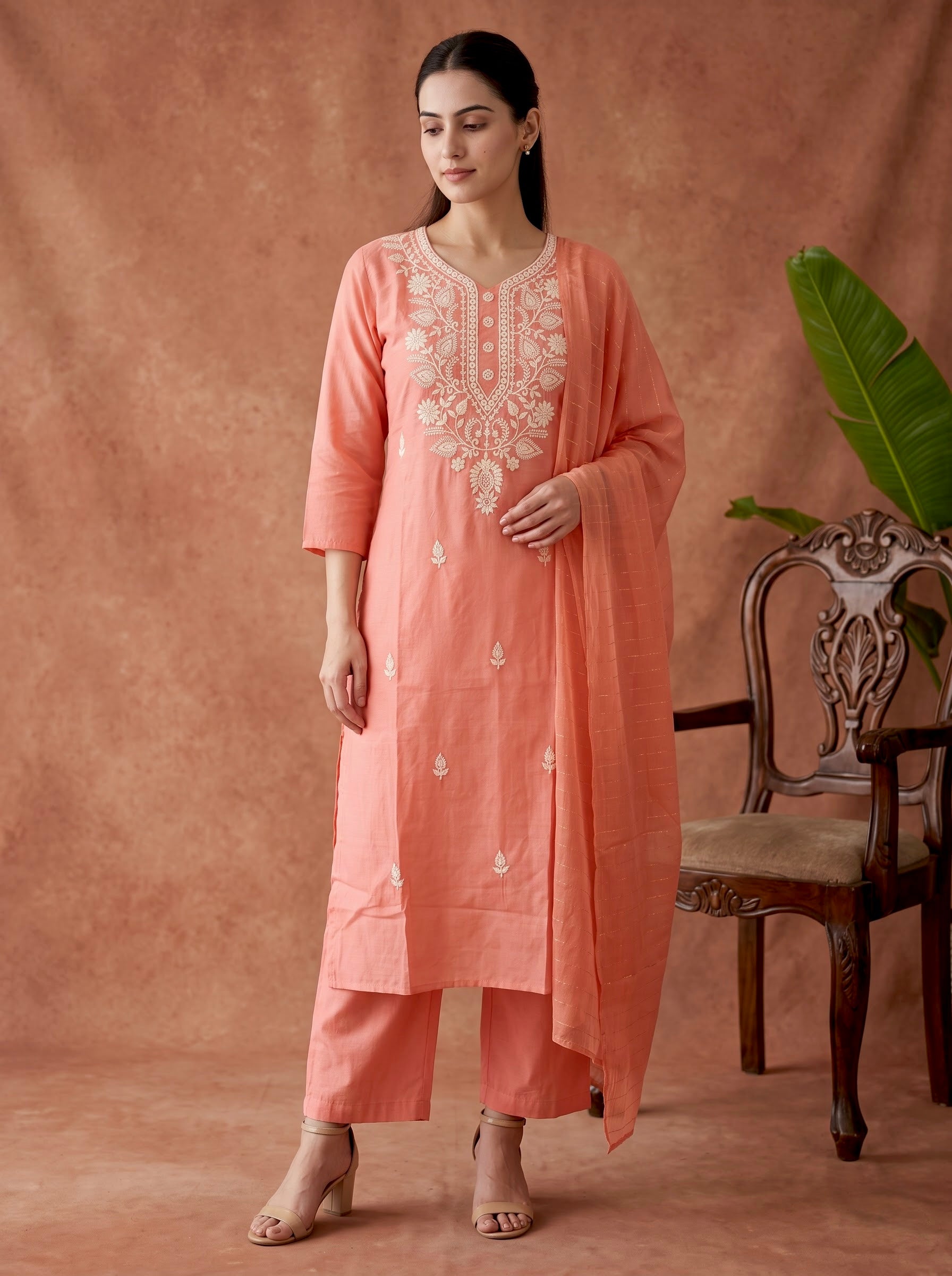 Peach Chikankari Embroidered Slub Cotton Kurta Set