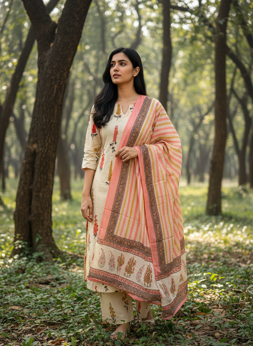 Beige & Coral Floral Cotton A-Line Set with Palazzo