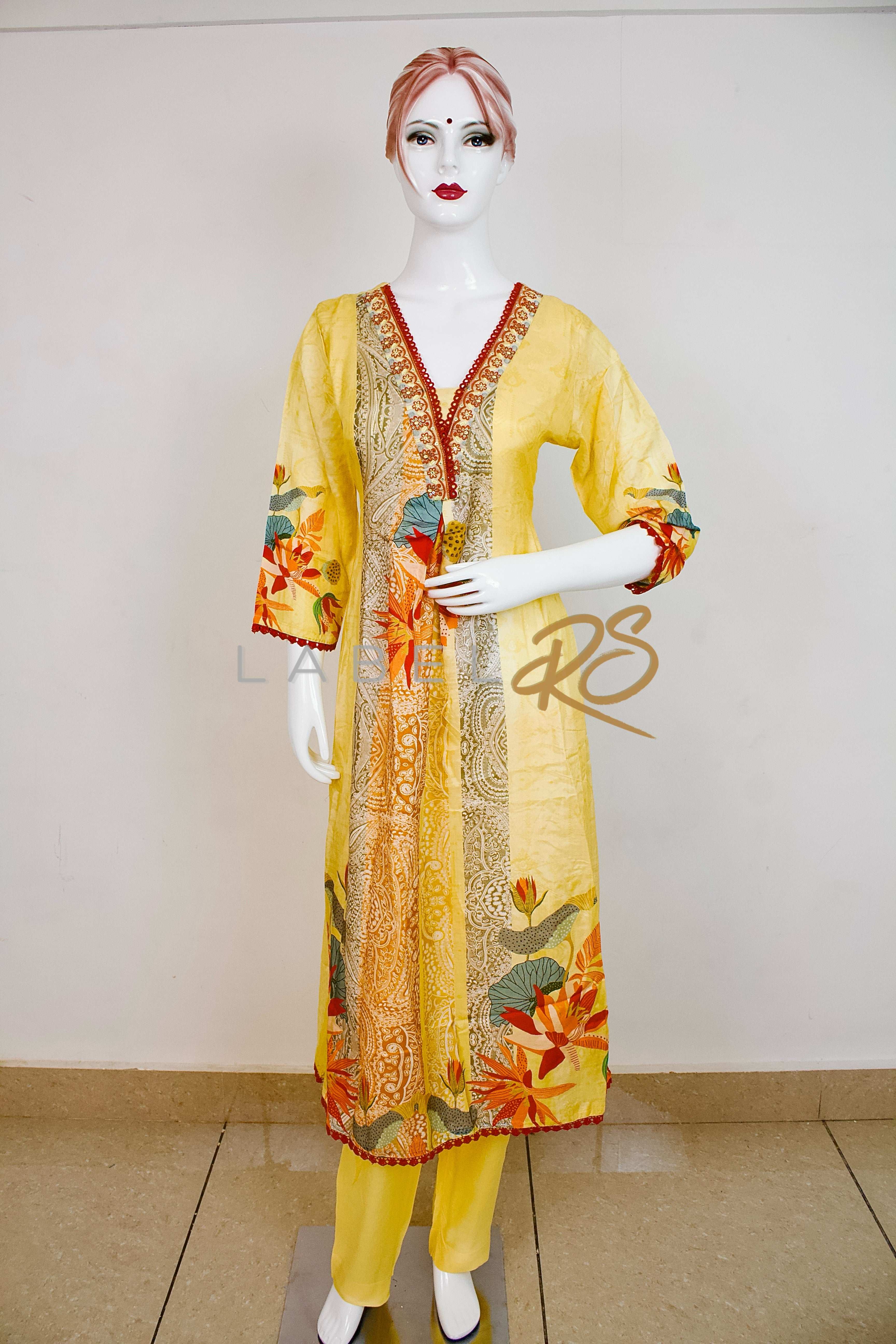 Premium Lemon Yellow Suit With Embroidery And Self Print