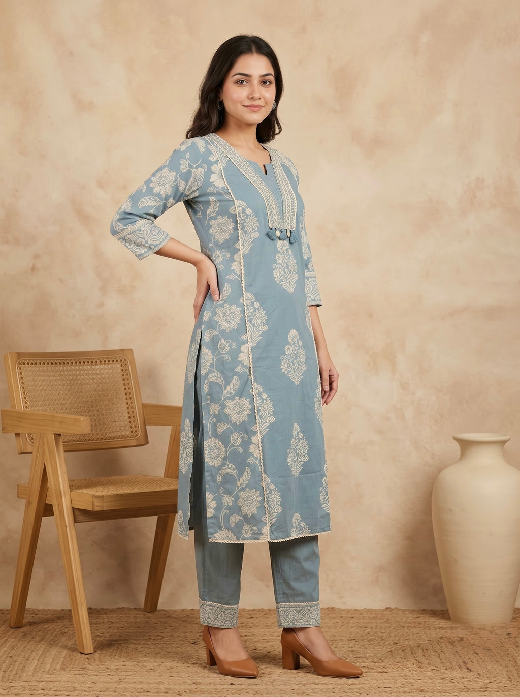 Dusty Blue Floral Print Premium Cotton Kurta Set
