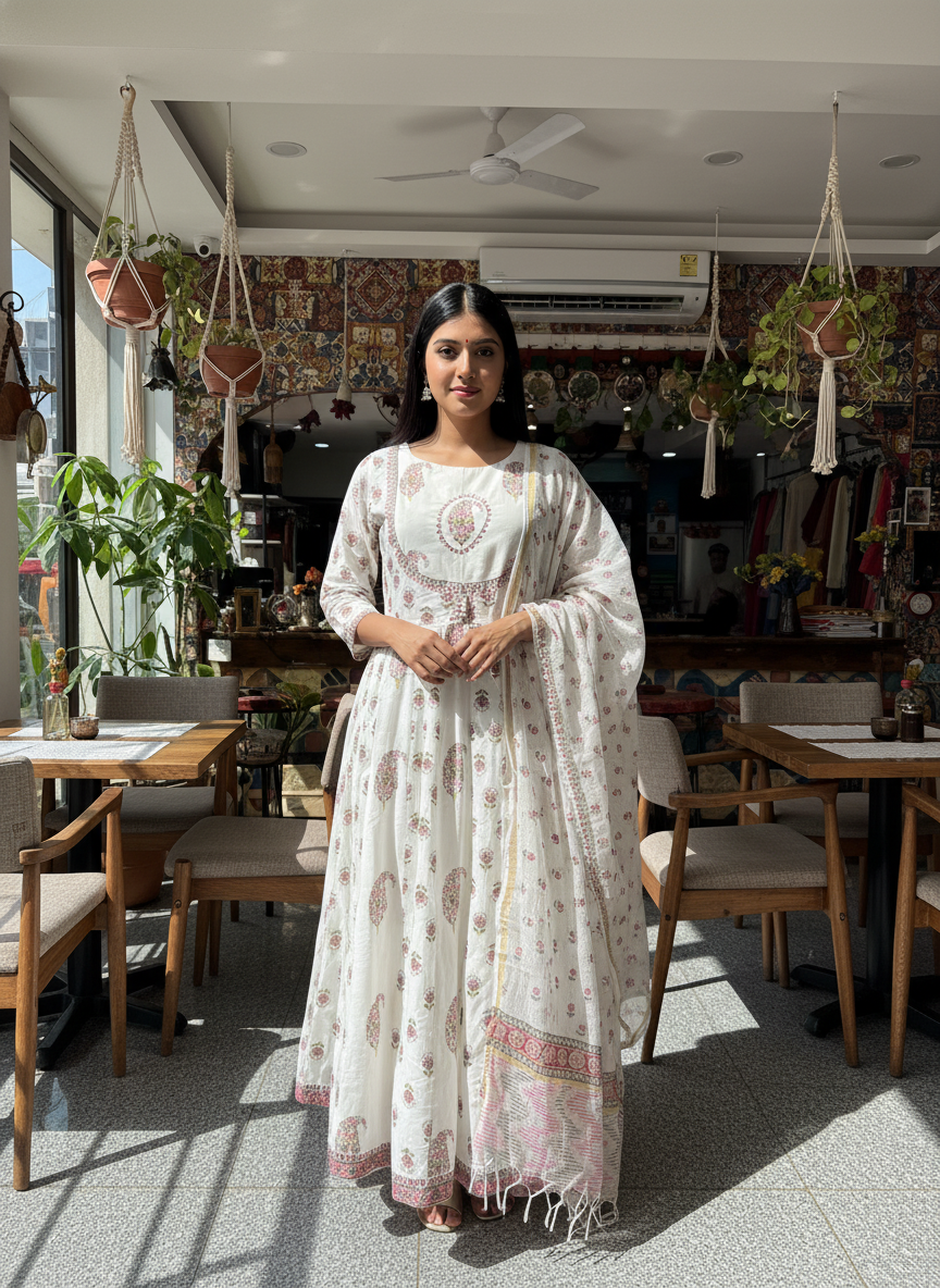 Ivory Blossom Hand-Block Printed Anarkali Set with Cotton Dupatta