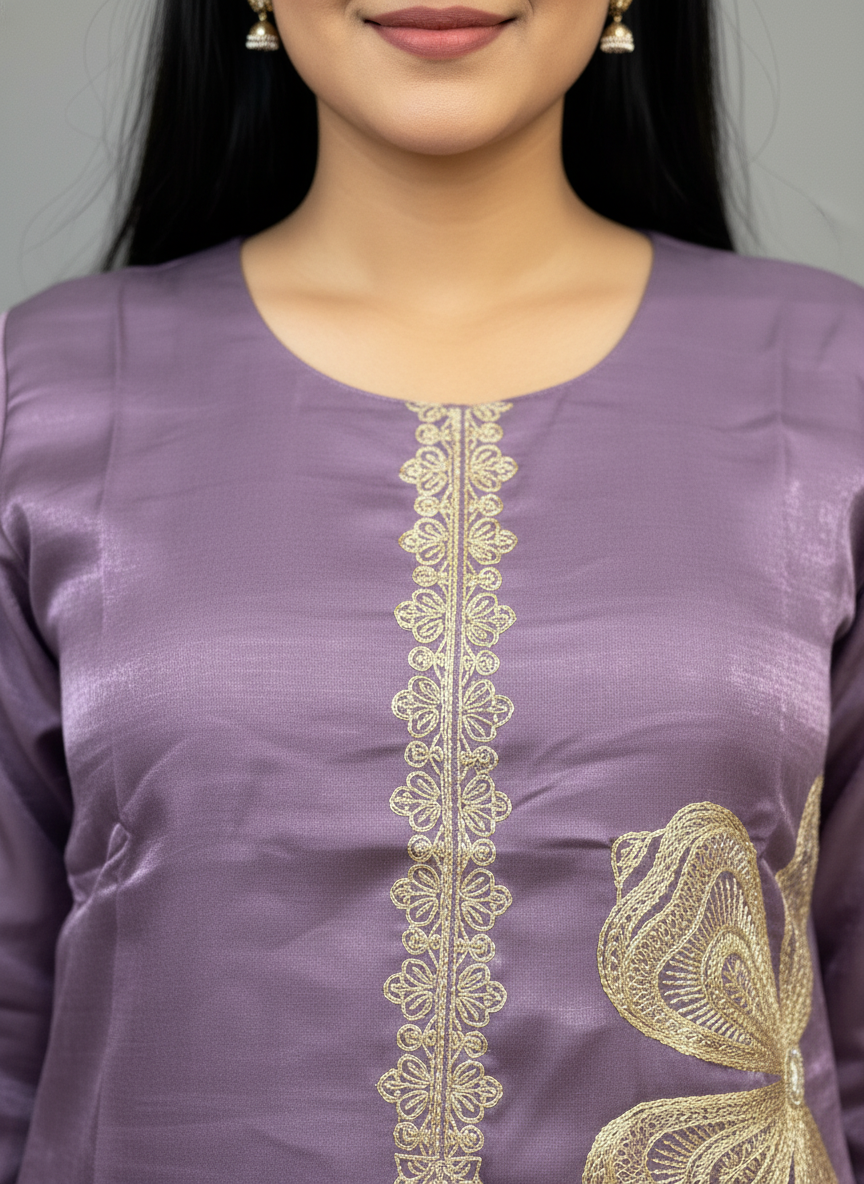 Lavender Silk Embroidered Suit Set with Organza Dupatta