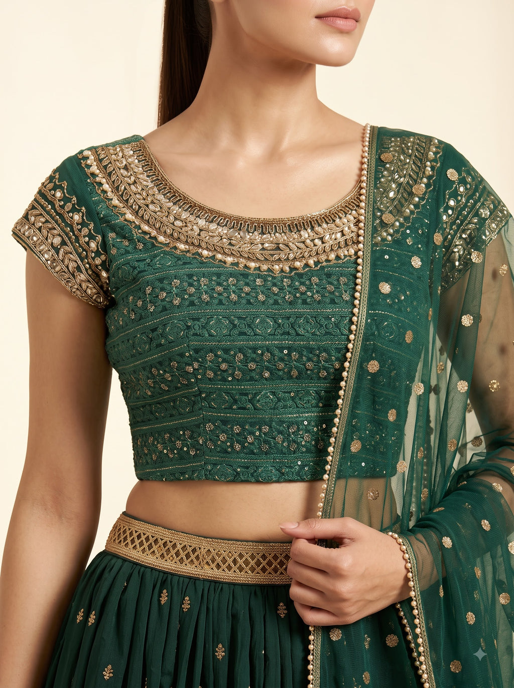 Bottle Green Georgette Lehenga Set with Sequin Embroidered Blouse & Net Dupatta