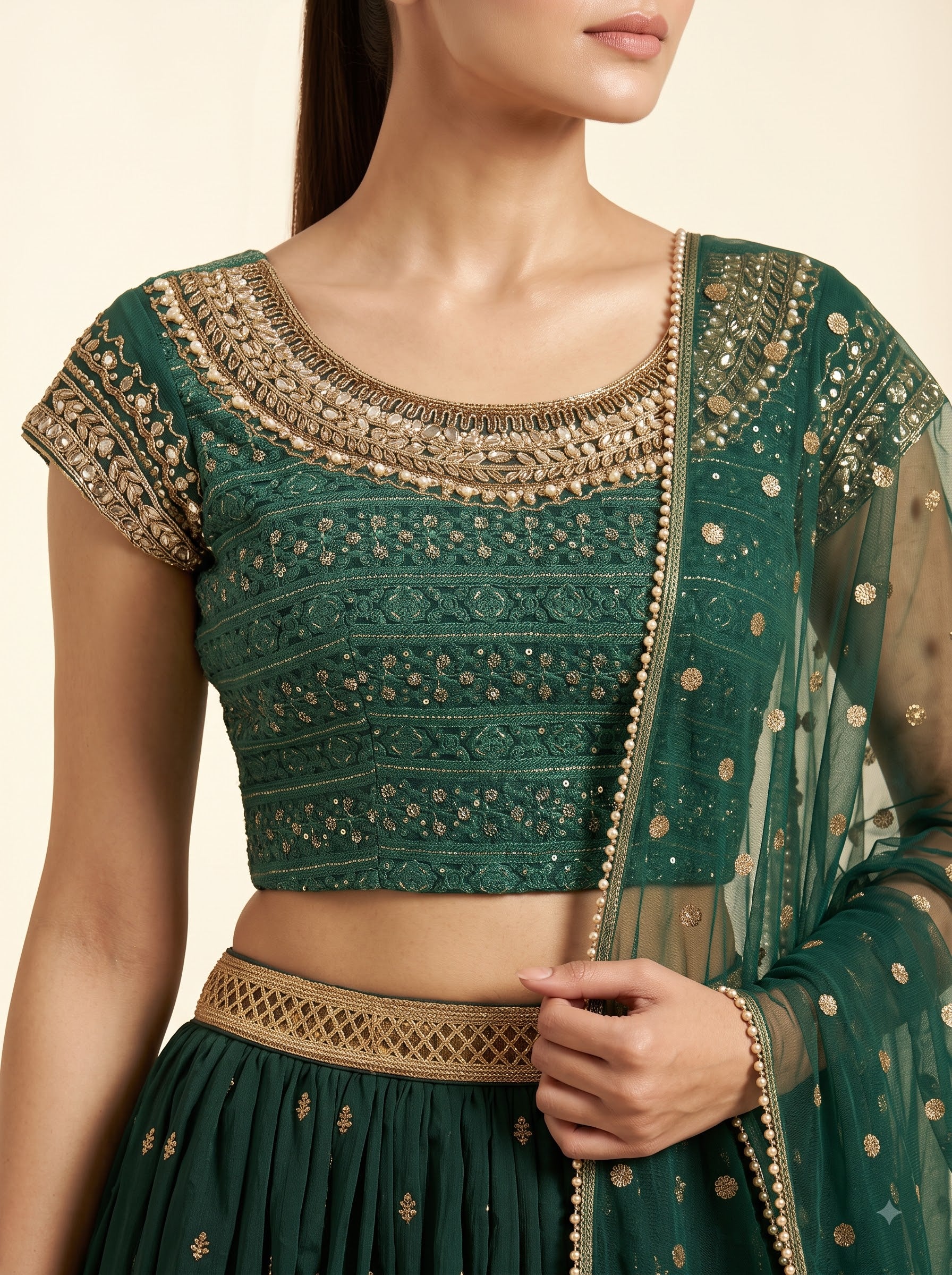 Bottle Green Georgette Lehenga Set with Sequin Embroidered Blouse & Net Dupatta