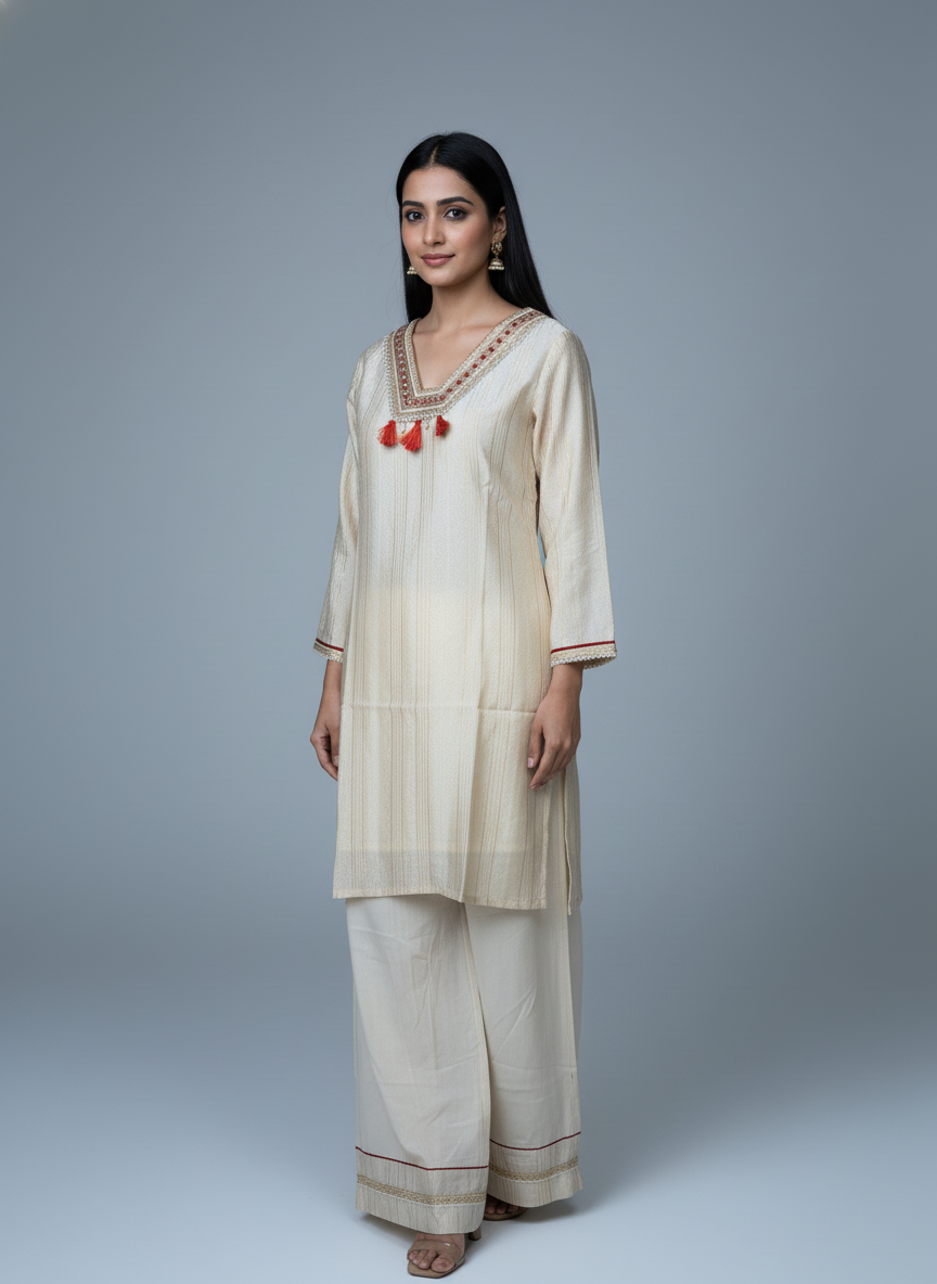 Cream Tissue Silk Salwar Suit Set with Red Bandhani Dupatta