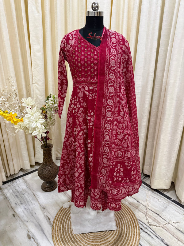Maroon Floral Anarkali Cotton 3-Piece Suit Set