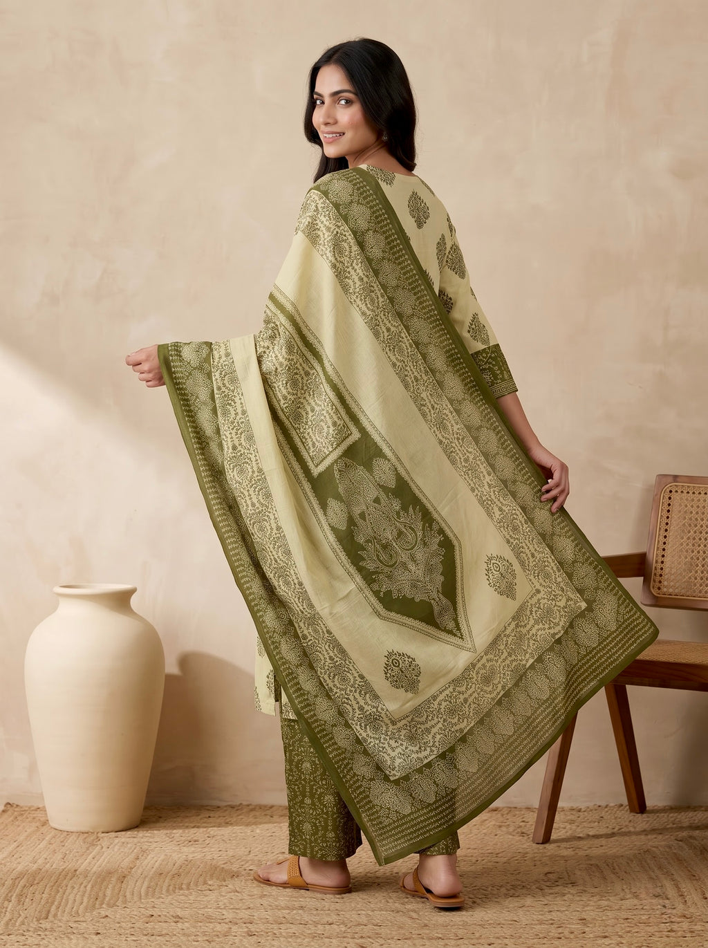 Olive Green Block Print Premium Cotton Kurta Palazzo Set