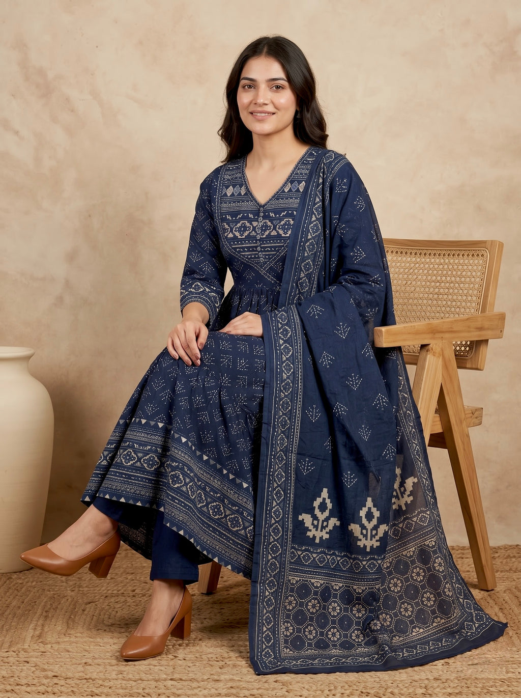 Navy Blue Bagru Print Premium Cotton Tiered Anarkali Kurta Set