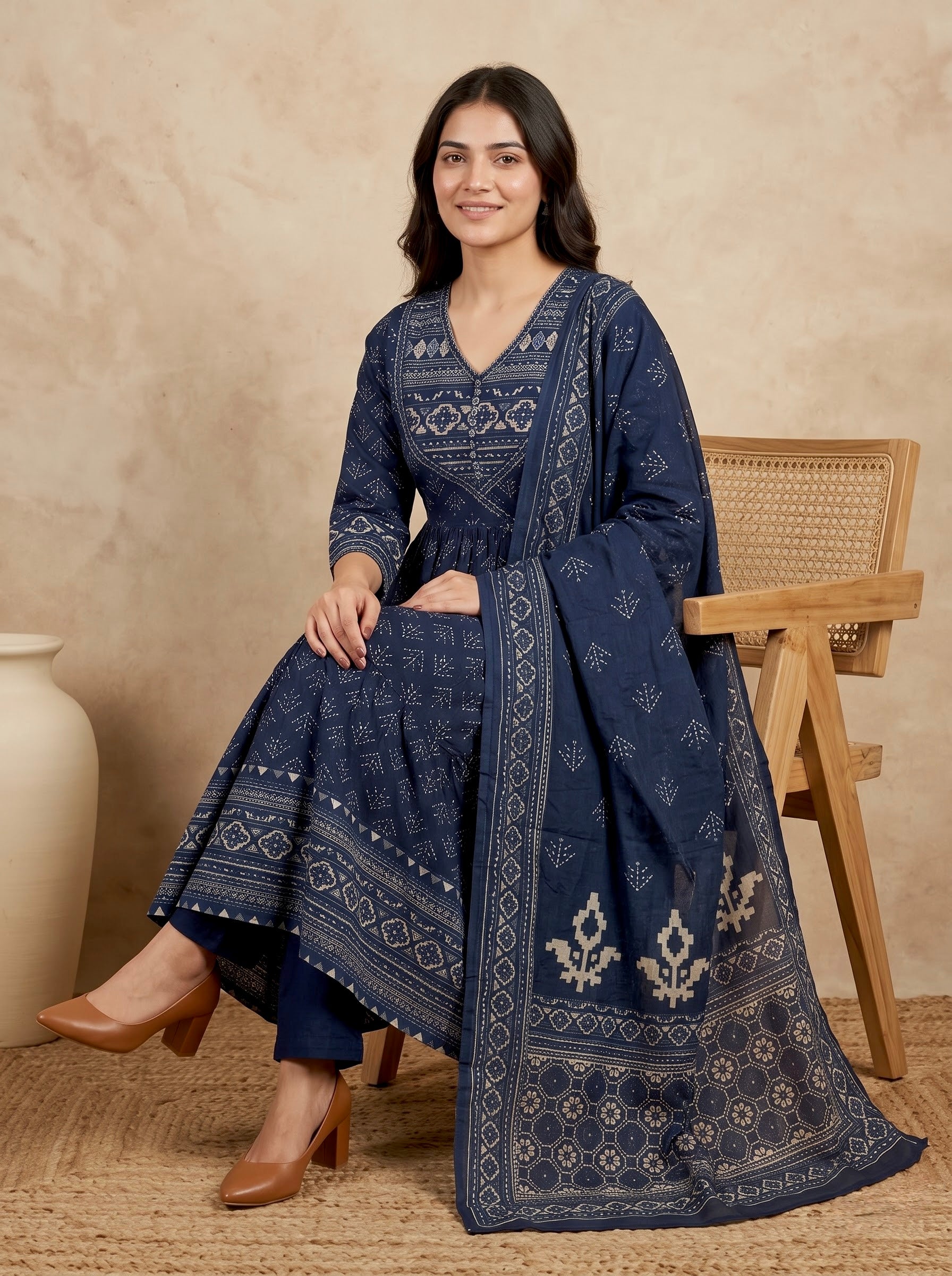 Navy Blue Bagru Print Premium Cotton Tiered Anarkali Kurta Set