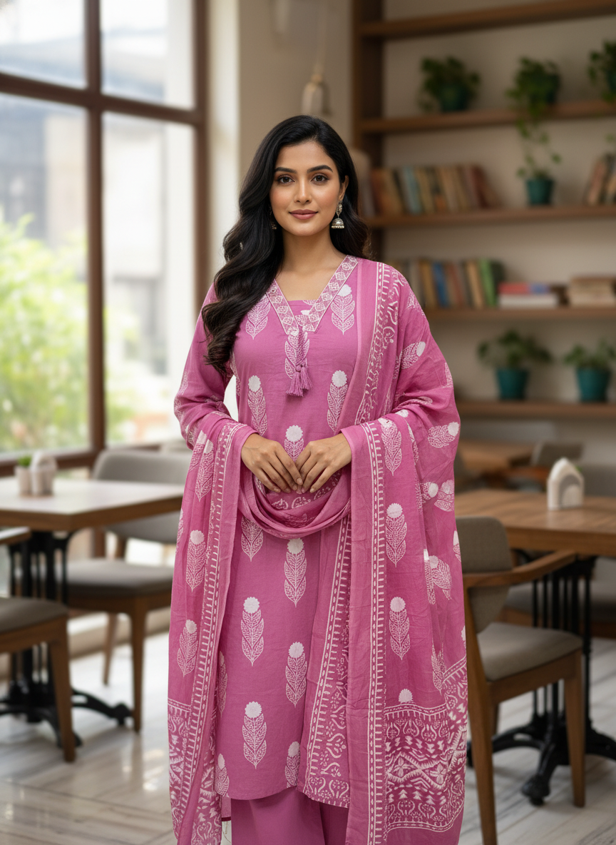 Mauve Pink Leaf Motif Cotton Kurta Set with Dupatta