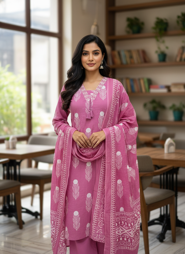Mauve Pink Leaf Motif Cotton Kurta Set with Dupatta
