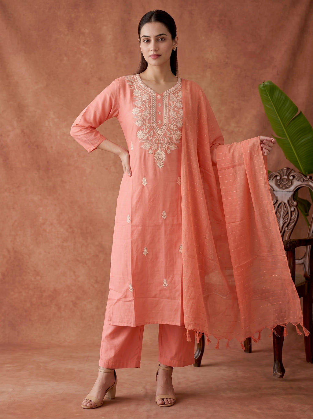 Peach Chikankari Embroidered Slub Cotton Kurta Set