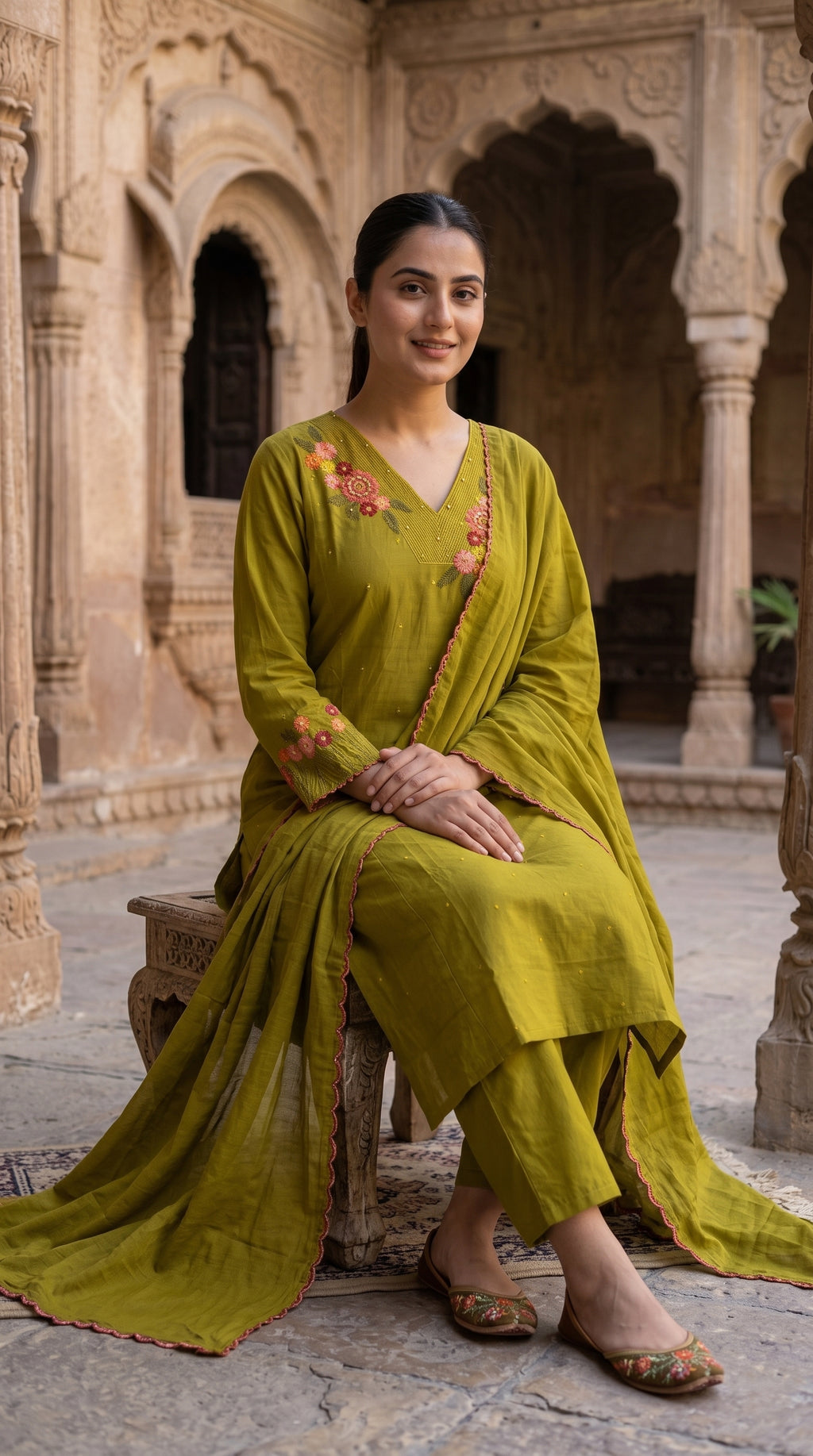 Olive Green Floral Embroidered Cotton Kurta Set – Straight Suit