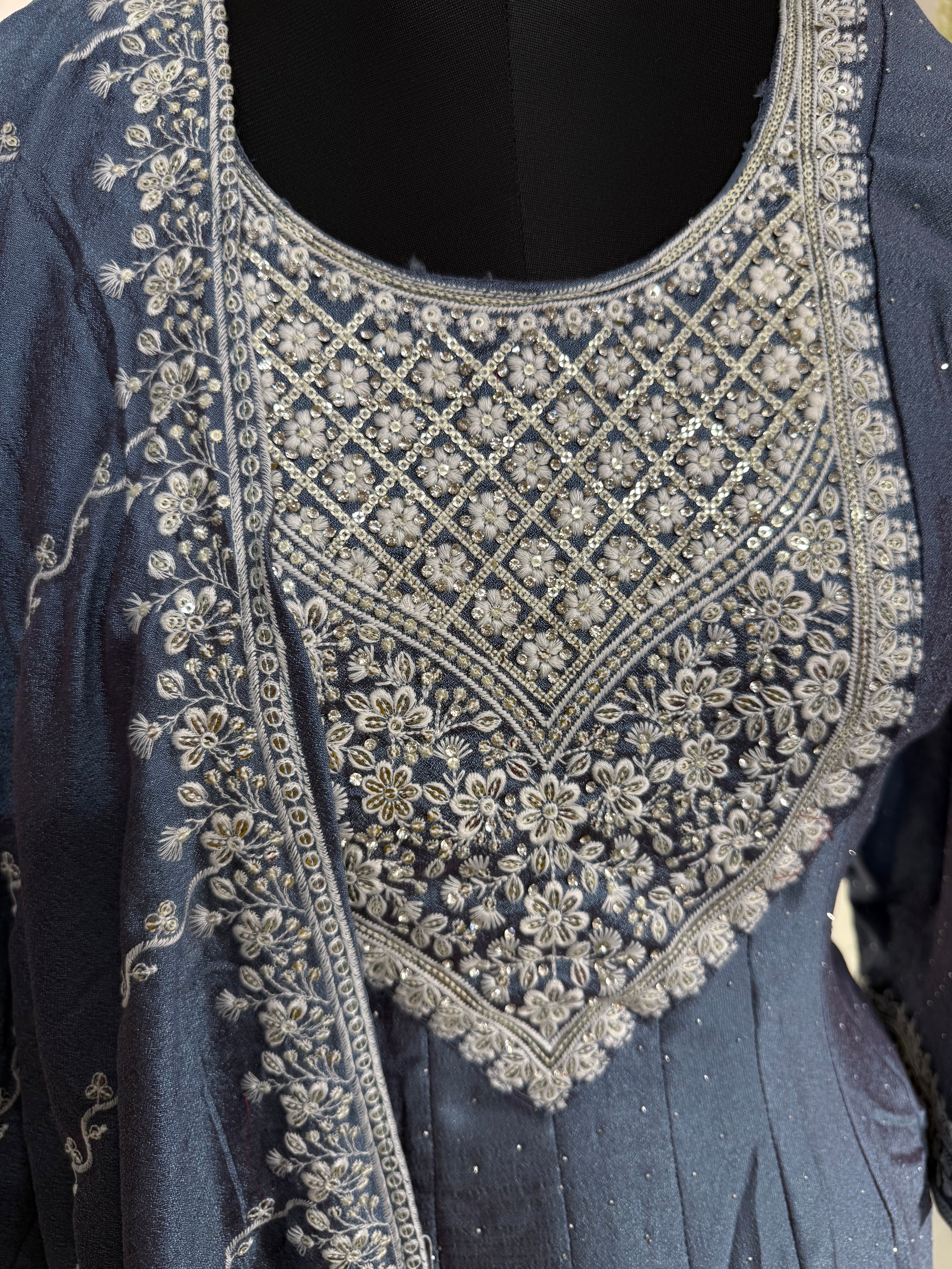 Aqua Grey Viscose Anarkali Salwar Suit with Sequin & Thread Work