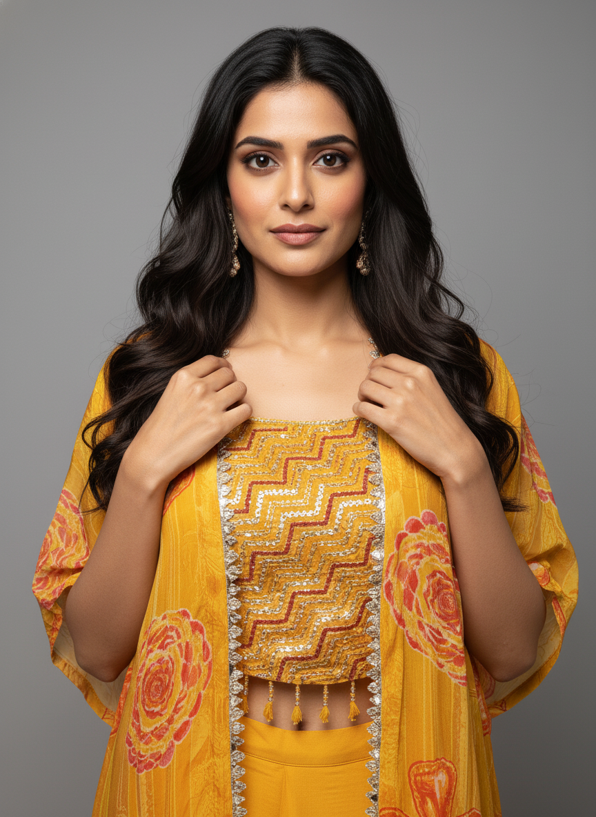 Sunshine Yellow Silk Indo-Western Set with Floral Shrug & Embroidered Crop Top