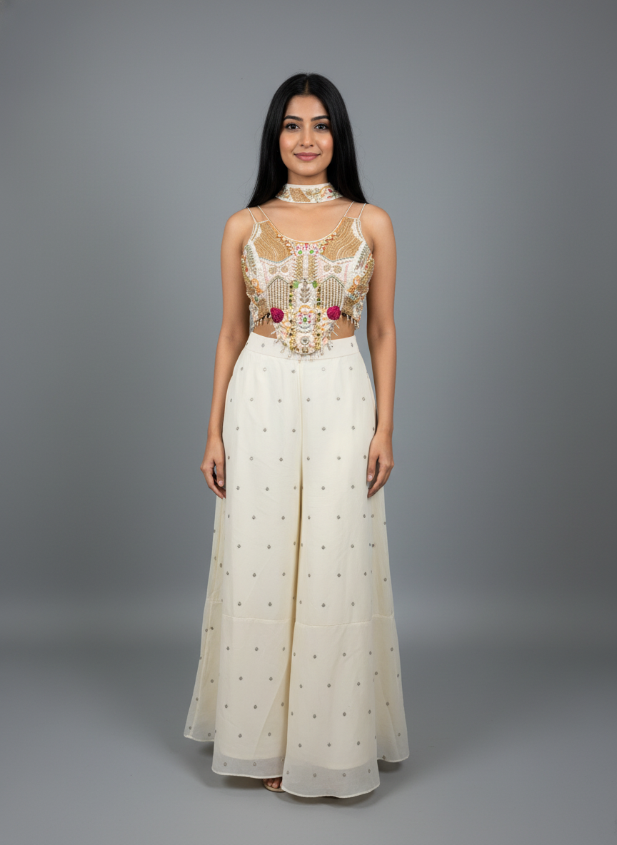 Ivory Georgette Flared Palazzo Set with Embellished Crop Top