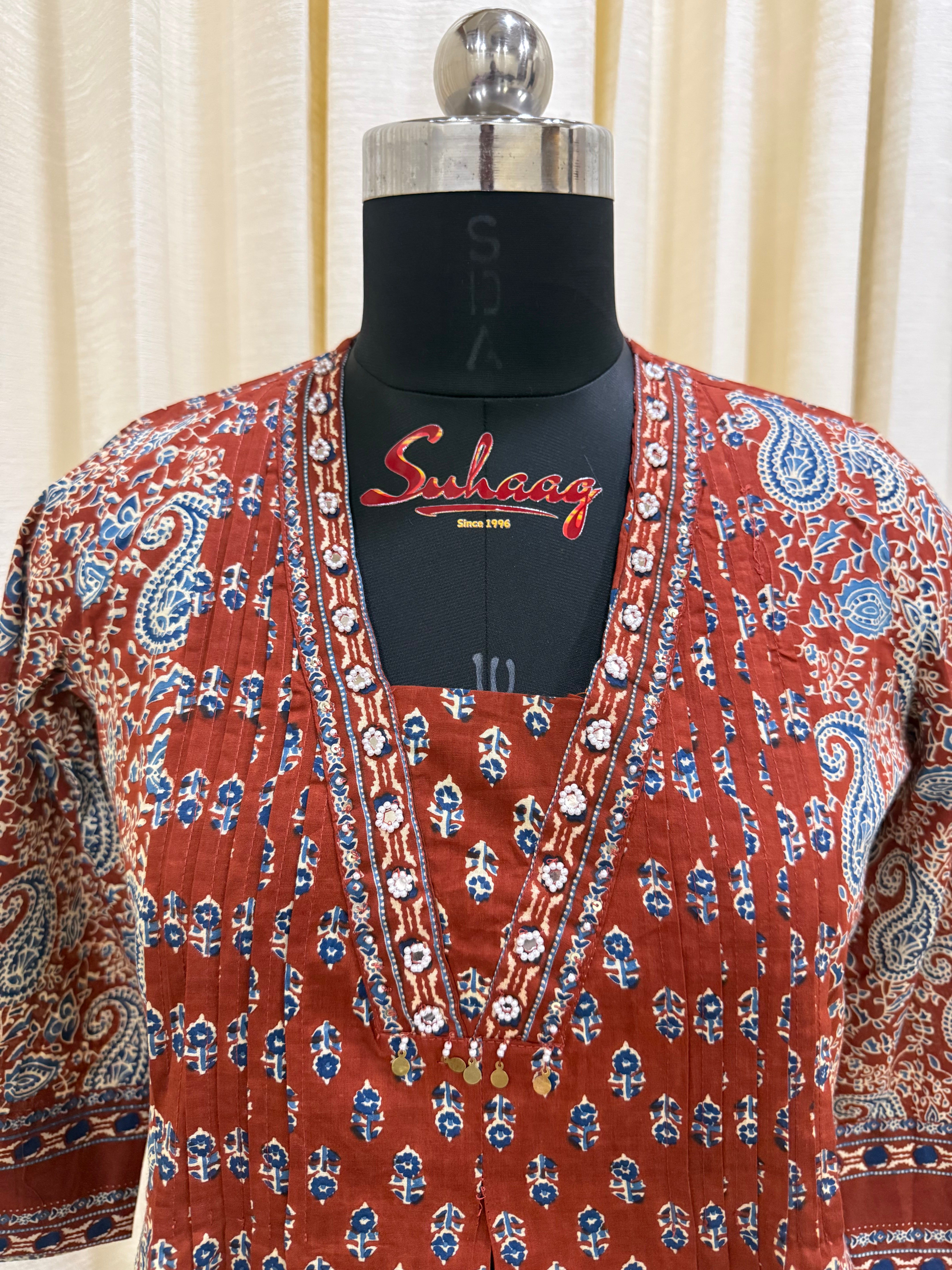 Rust Red & Indigo Ajrakh Print Cotton 3-Piece Suit Set