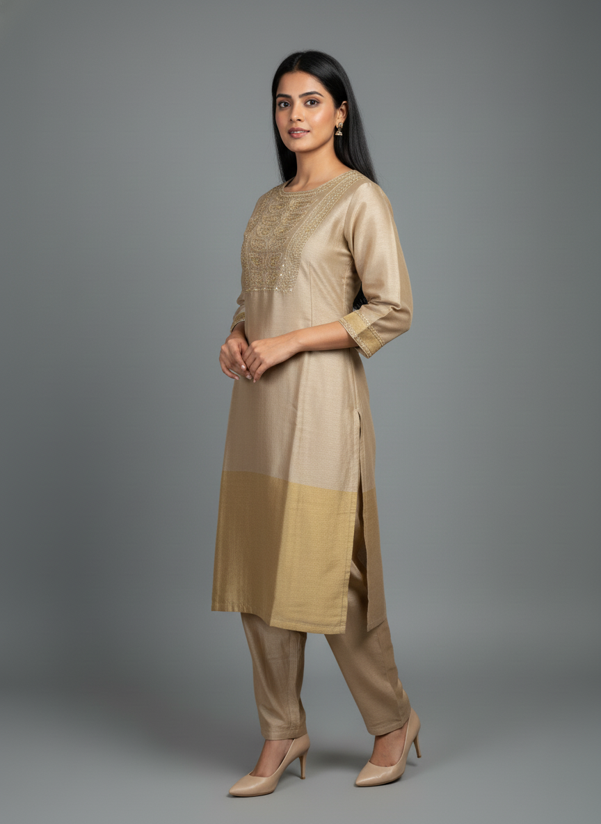 Champagne Gold Pure Tissue Silk Hand-Embroidered Suit Set