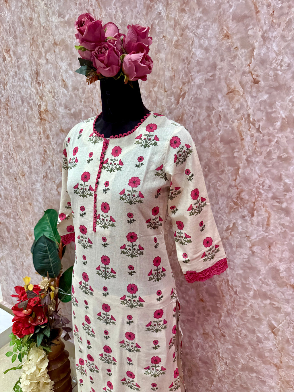 Blush Blossom: Rose Pink Floral Flex Cotton Kurta Set