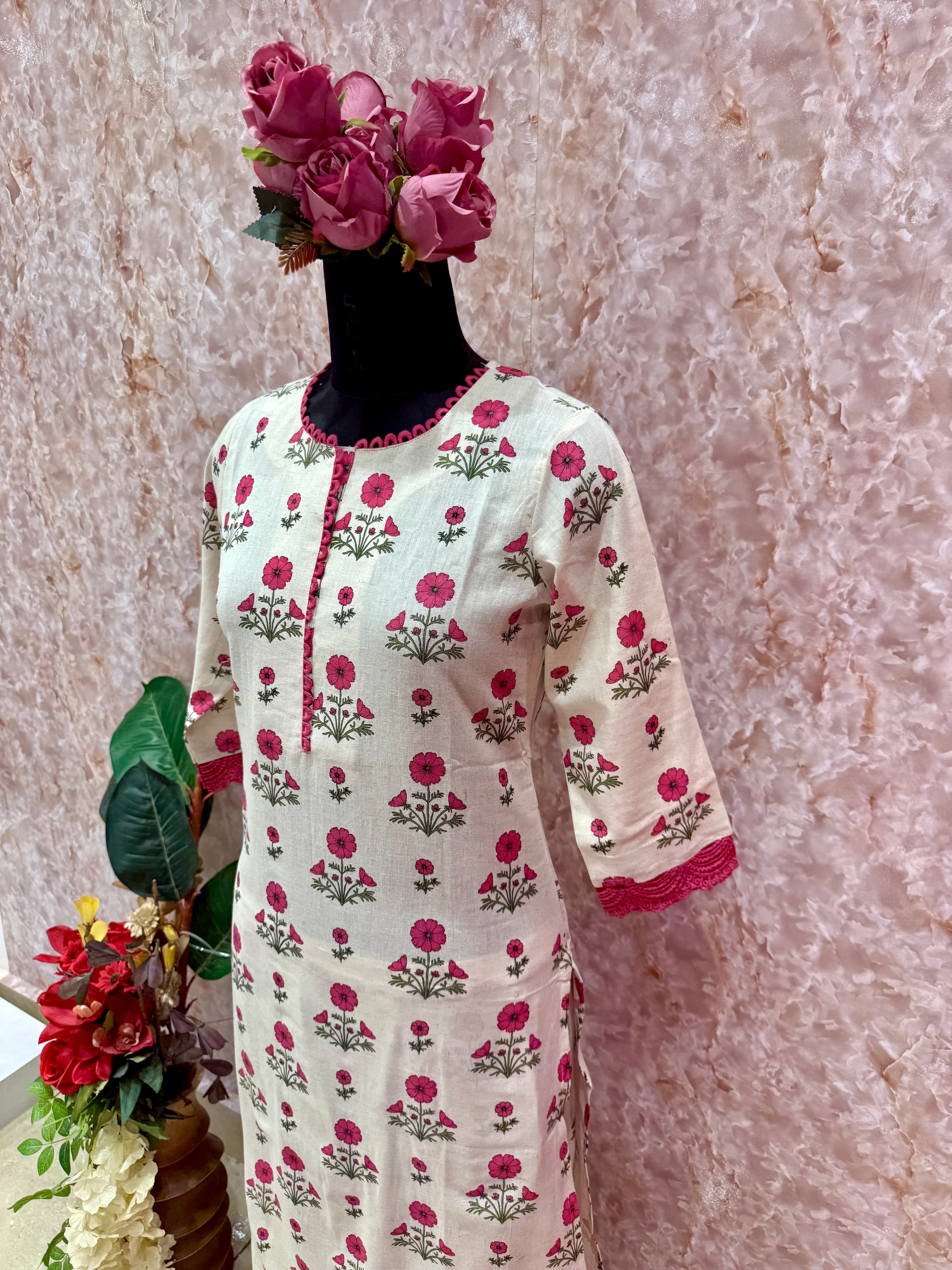 Blush Blossom: Rose Pink Floral Flex Cotton Kurta Set