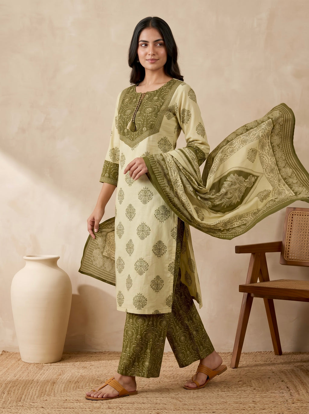 Olive Green Block Print Premium Cotton Kurta Palazzo Set