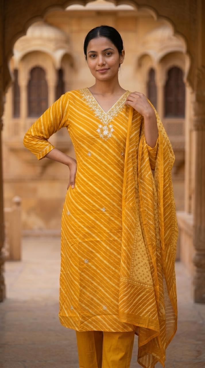 Mustard Yellow Leheriya Print Cotton Kurta Set for Women – Straight Suit with Bandhani Dupatta