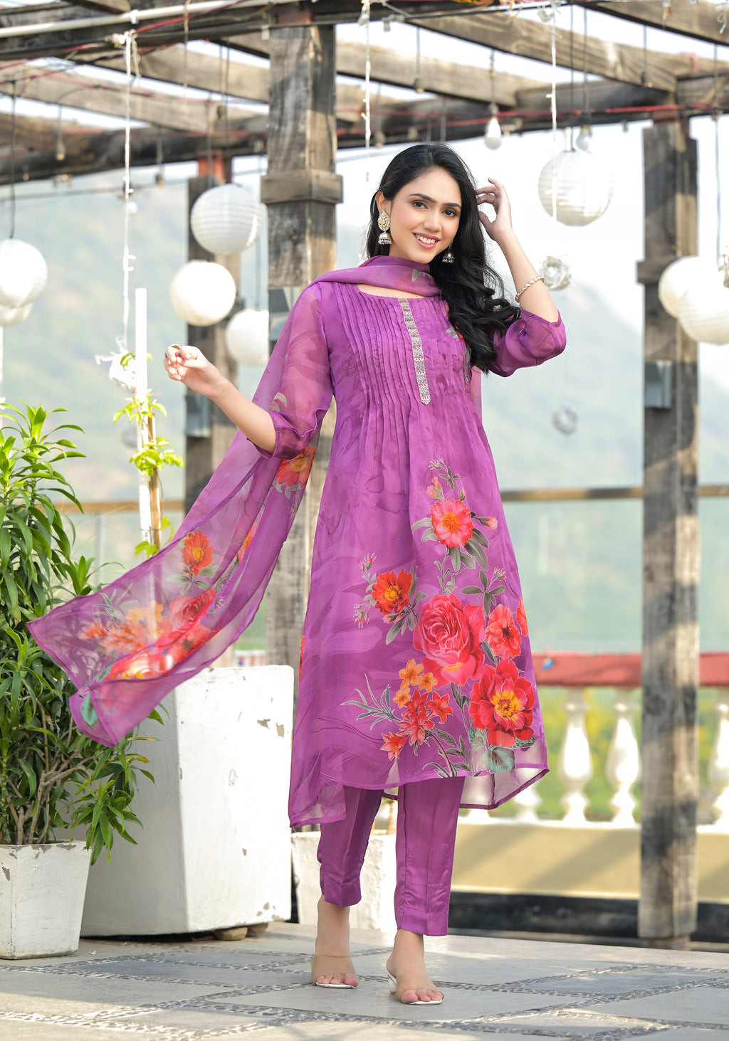 Purple Orgenza Suit Set With Elegant Neck Work