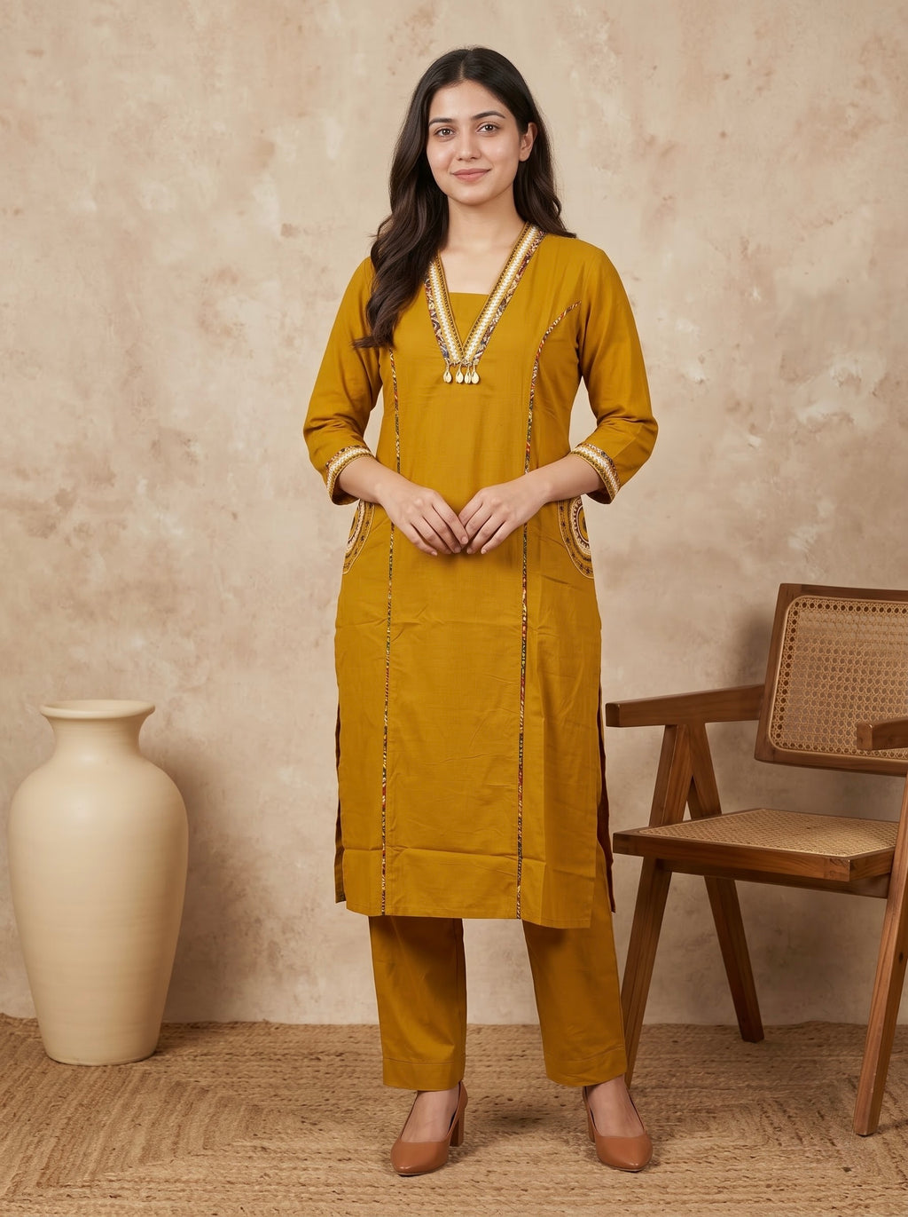 Mustard Yellow Premium Cotton Kurta Set with Kalamkari Dupatta