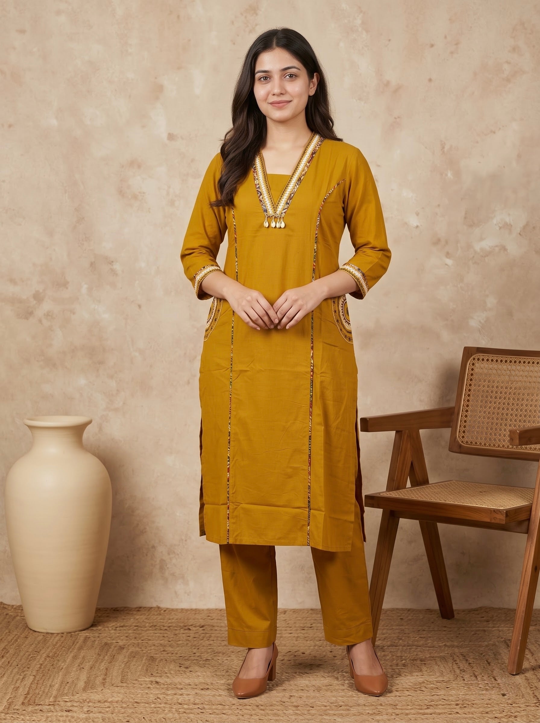 Mustard Yellow Premium Cotton Kurta Set with Kalamkari Dupatta