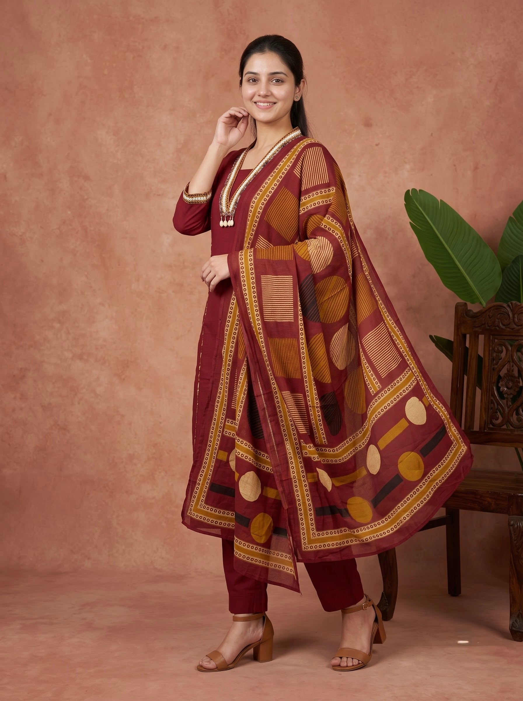 Maroon Premium Cotton Kurta Set with Embellished Neck & Printed Dupatta