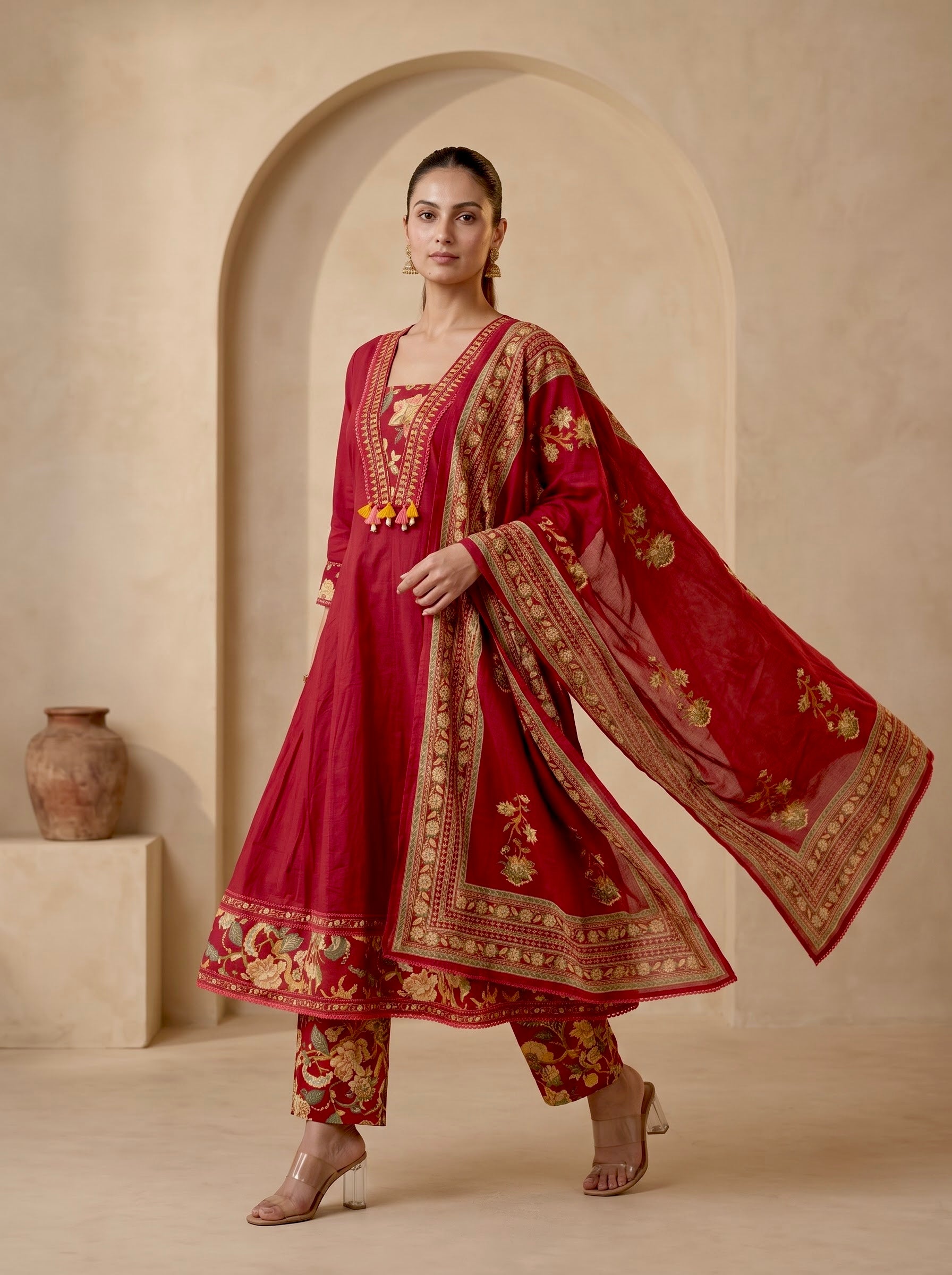 Maroon Floral Border Premium Cotton Anarkali Kurta Set