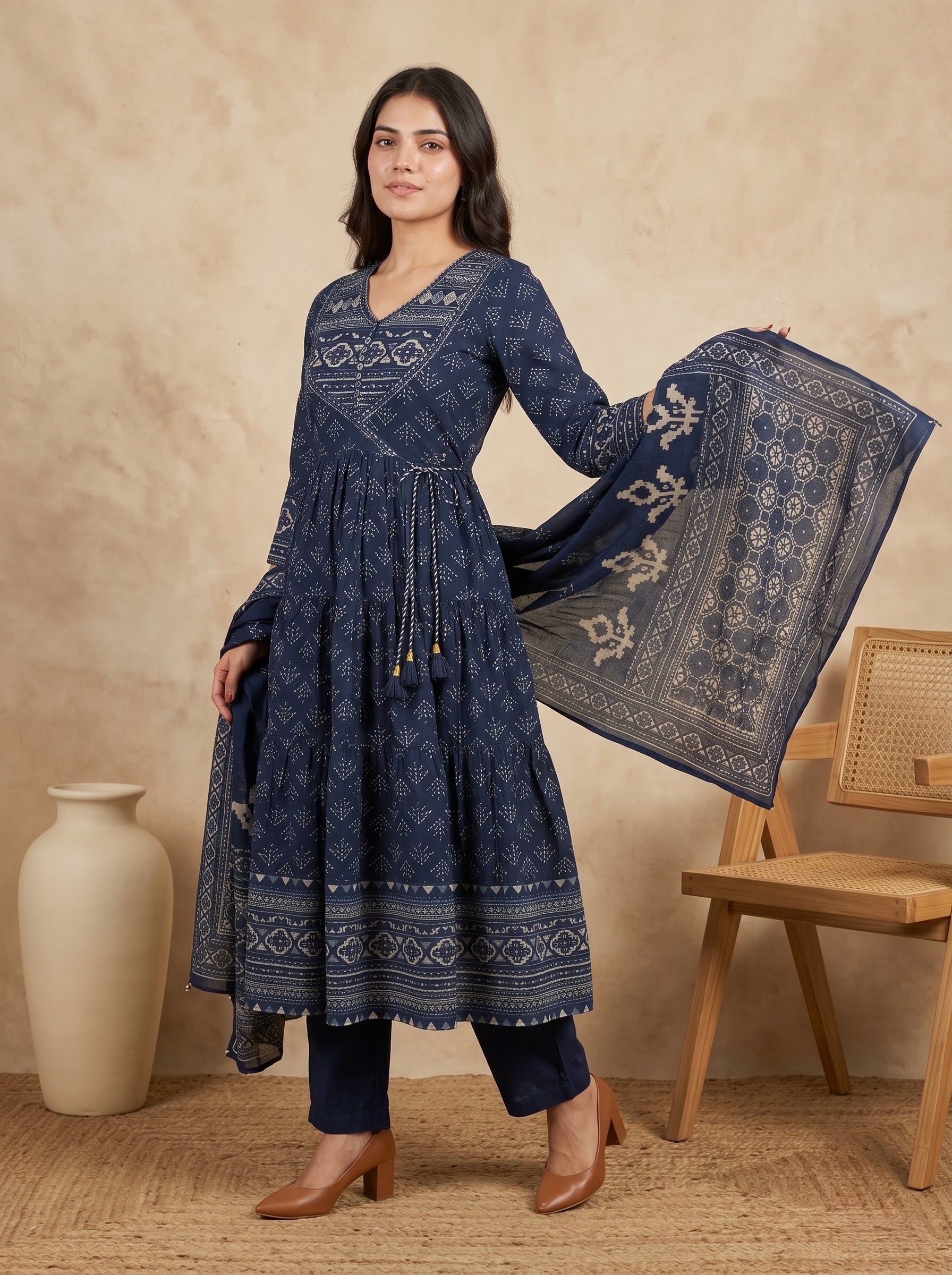 Navy Blue Bagru Print Premium Cotton Tiered Anarkali Kurta Set