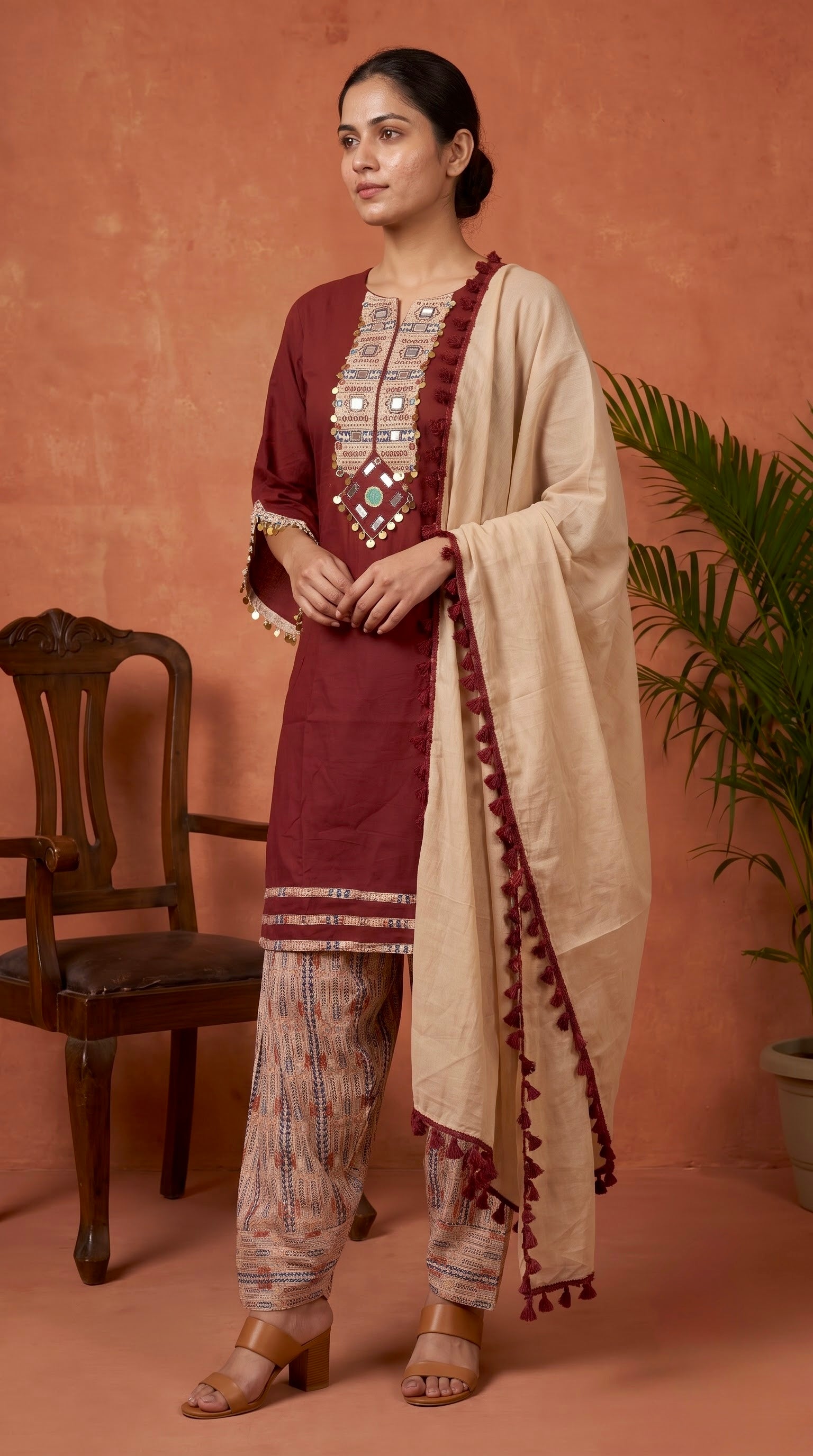 Maroon Mirror Work Premium Cotton Kurta Set with Printed Salwar
