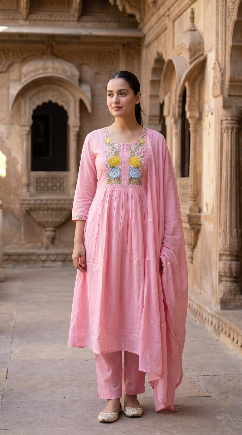 Blush Pink Floral Embroidered Mal Cotton A-Line Suit Set