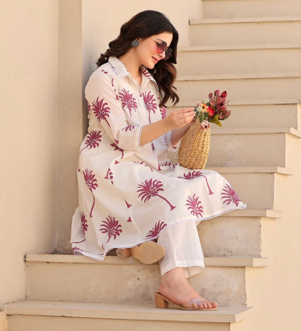 Tropical Blush – White & Rose Block Printed Premium Cotton Co-ord Set