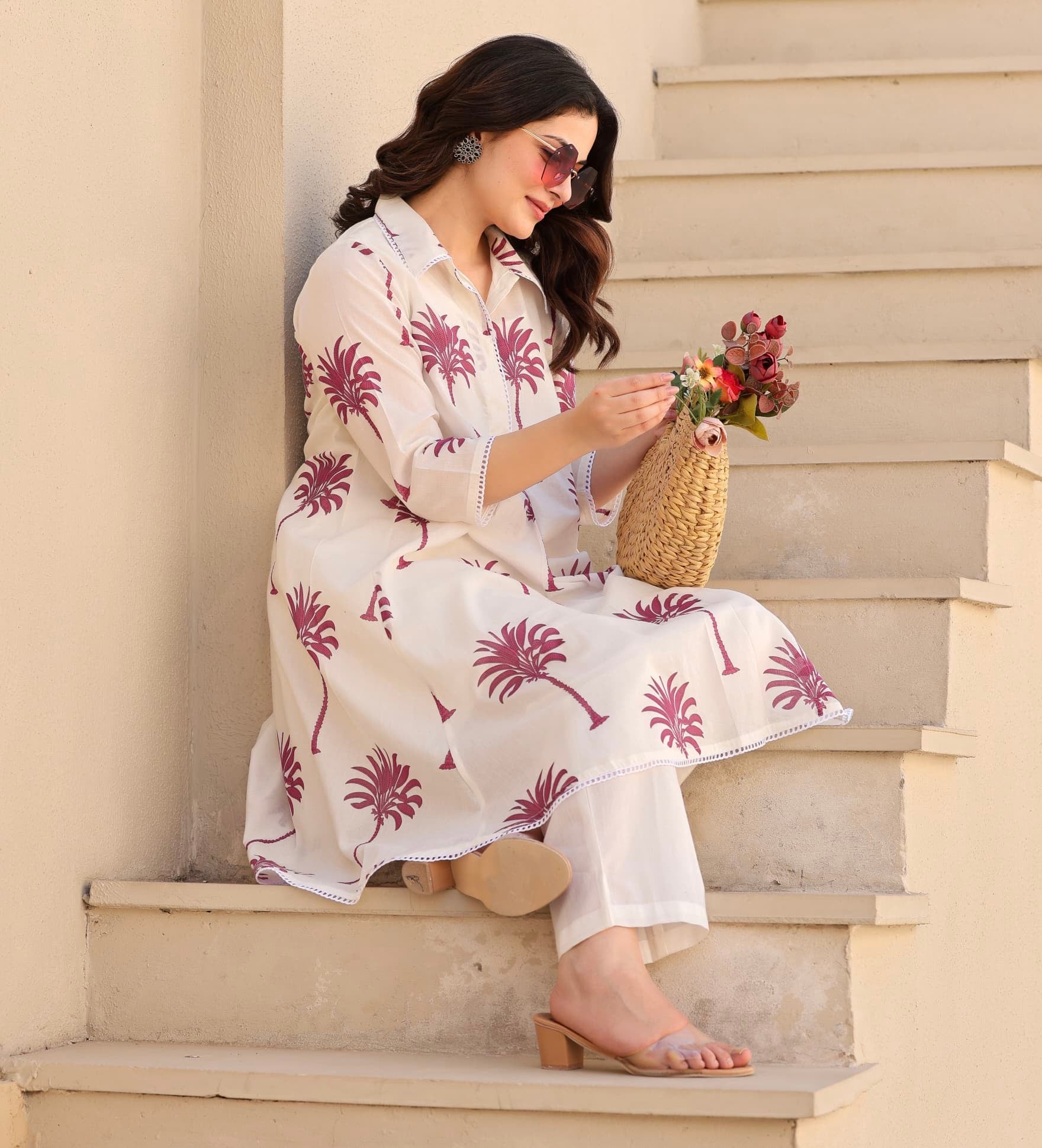 Tropical Blush – White & Rose Block Printed Premium Cotton Co-ord Set