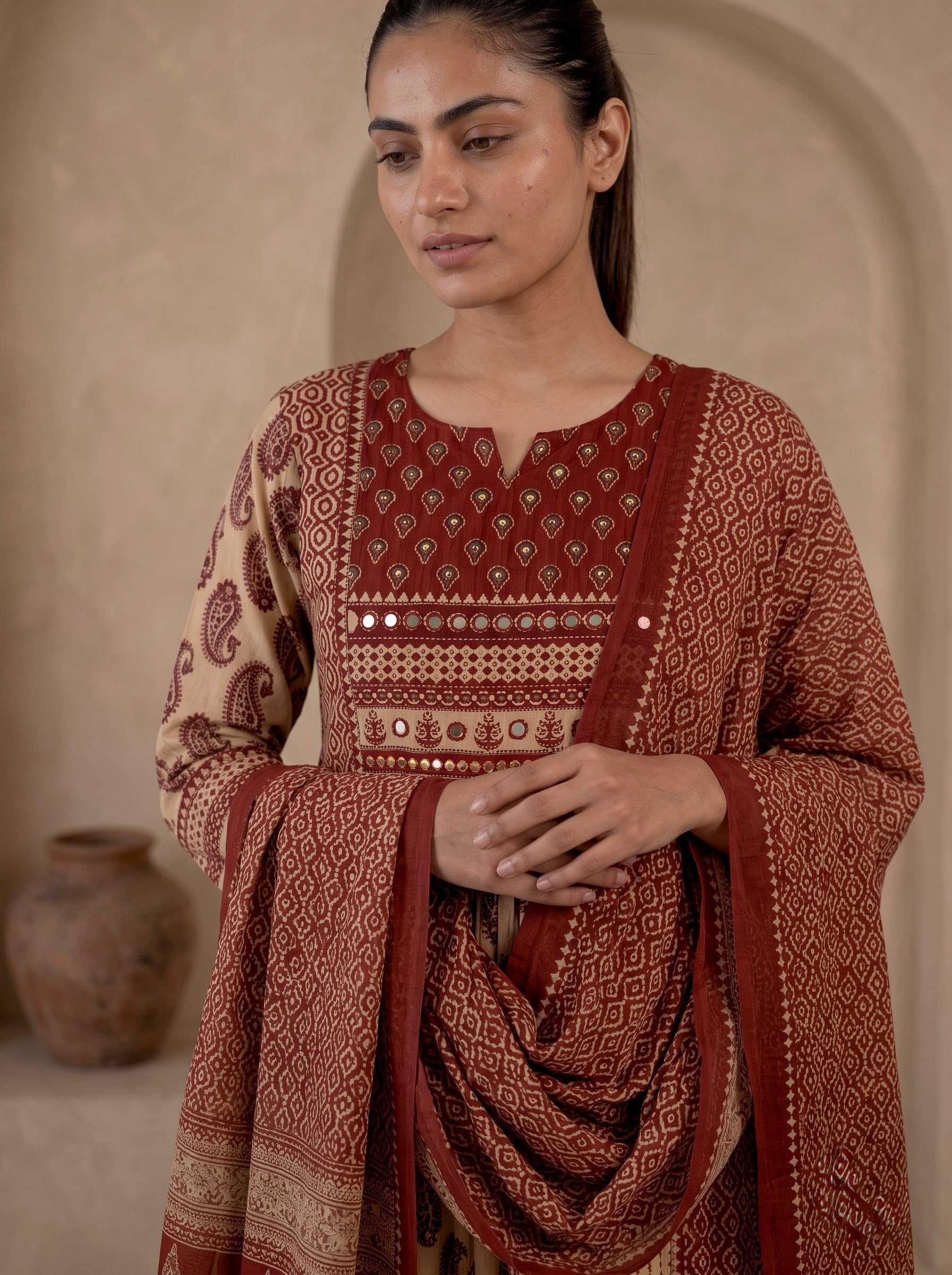 Beige & Maroon Ajrakh Print Premium Cotton Anarkali Kurta Set