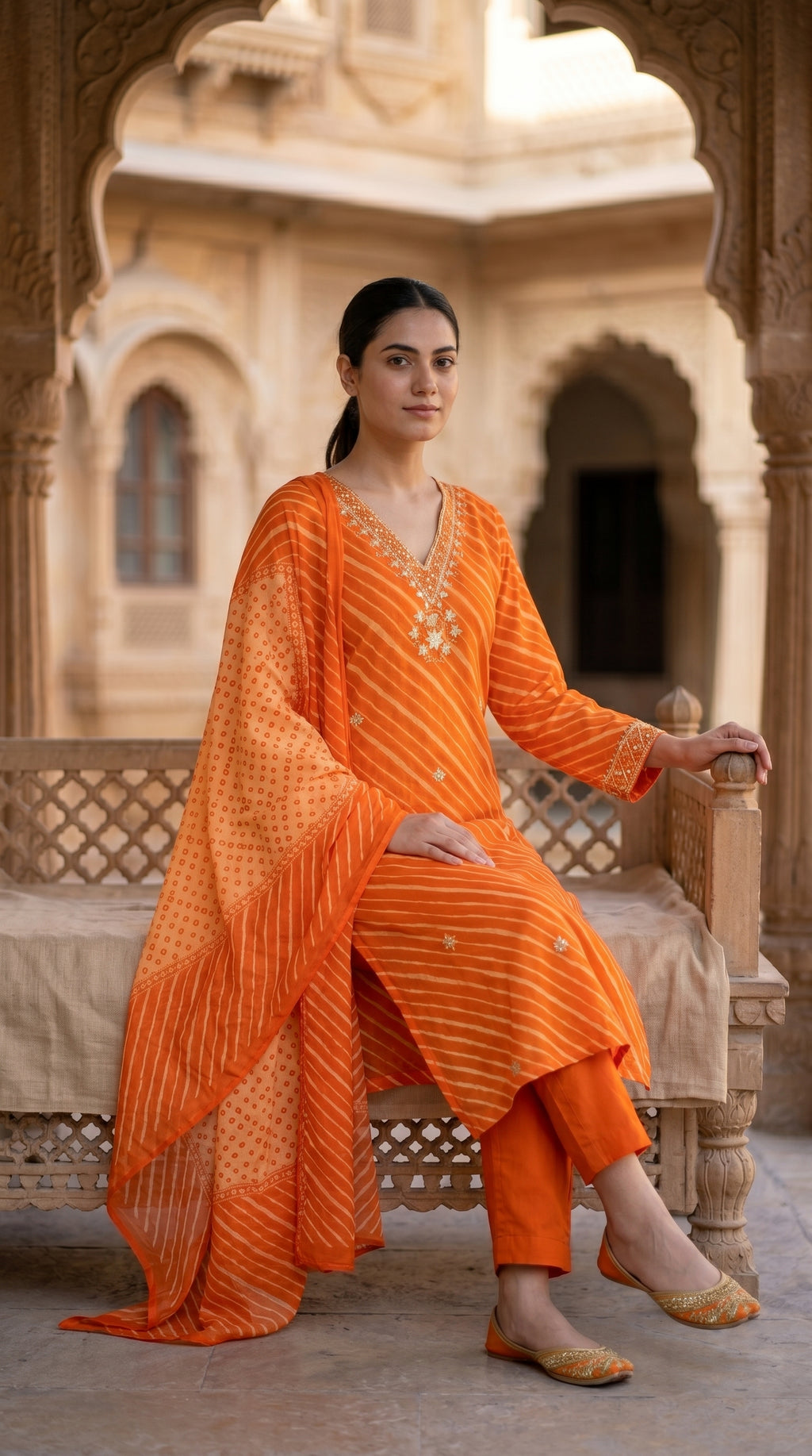 Orange Leheriya Print Cotton Kurta Set for Women – Straight Suit with Bandhani Dupatta