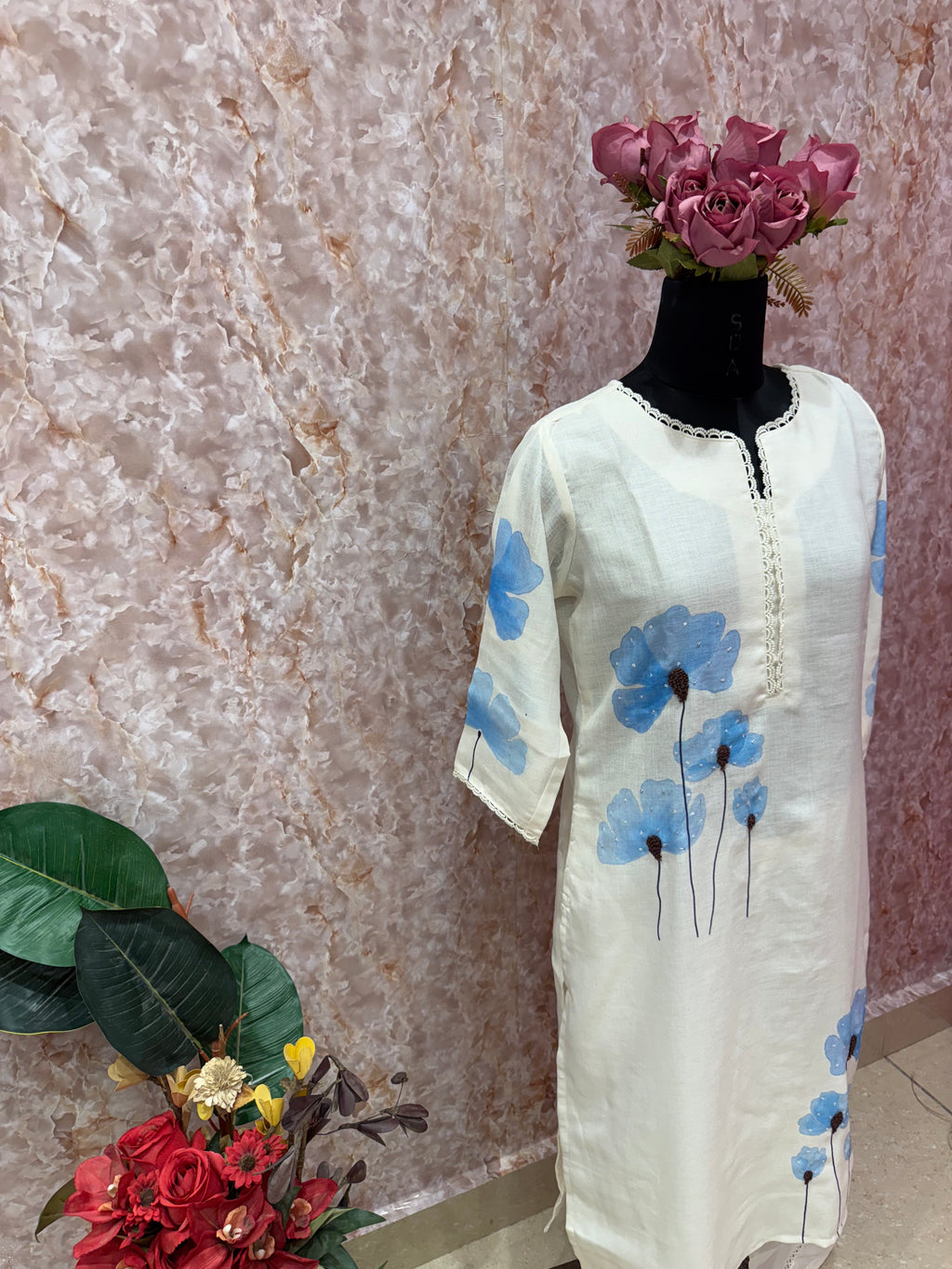 Elegant Off-White Floral Cotton Suit with Blue Accents