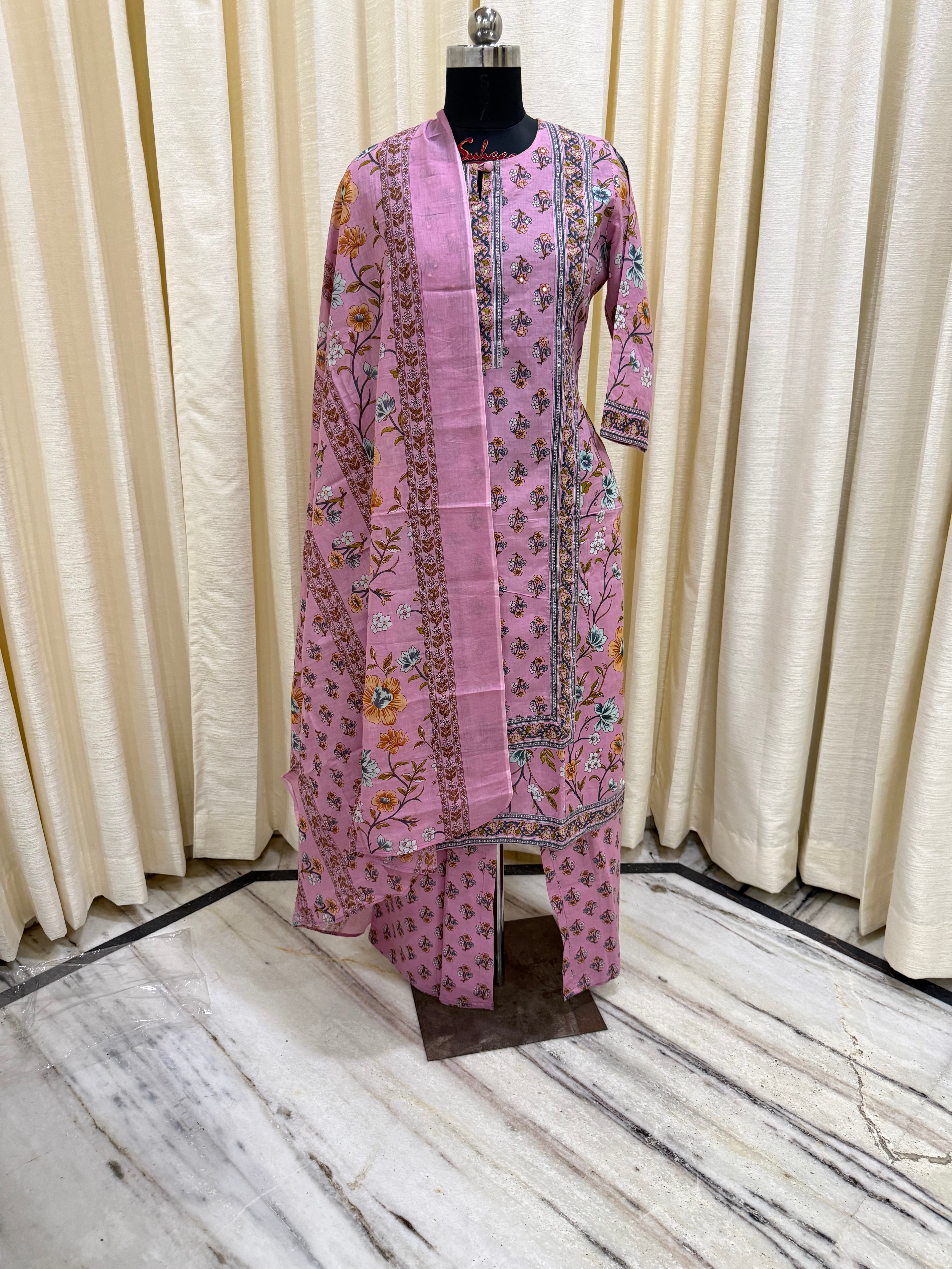 Blush Pink Floral A-Line Cotton 3-Piece Suit Set