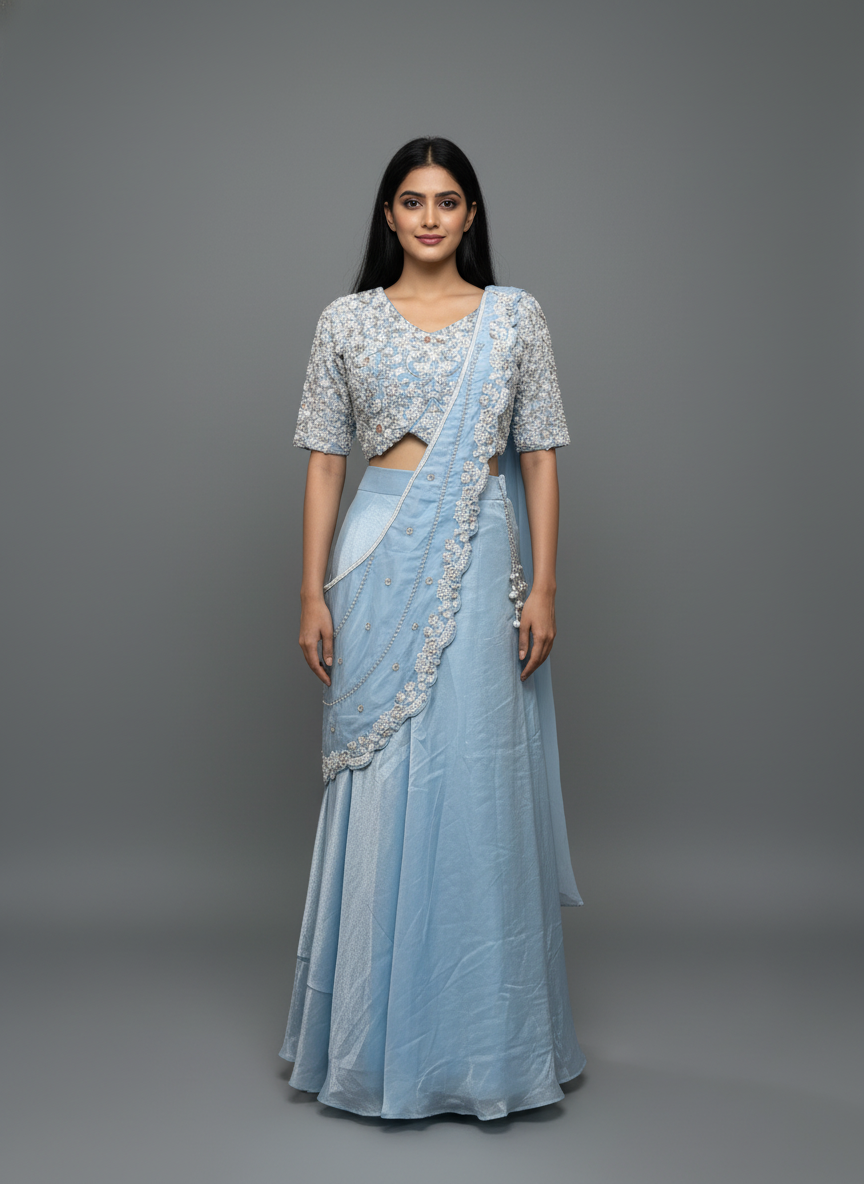 Icy Blue Sequined Blouse and Draped Skirt Indo-Western Set