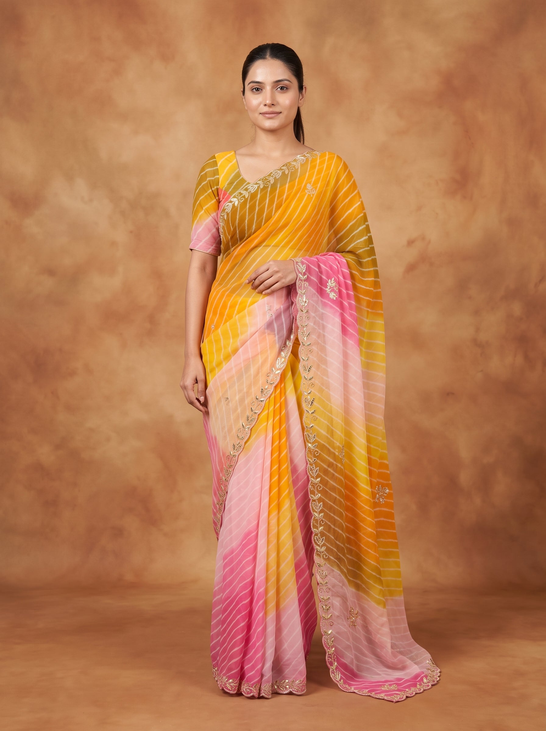 Yellow & Pink Leheriya Georgette Saree with Kat Dana Work & Blouse Piece