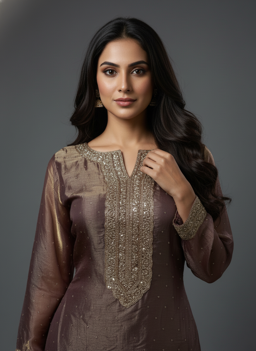 Dusty Brown Two-Tone Silk Blend Farsi Suit with Zari Embroidery